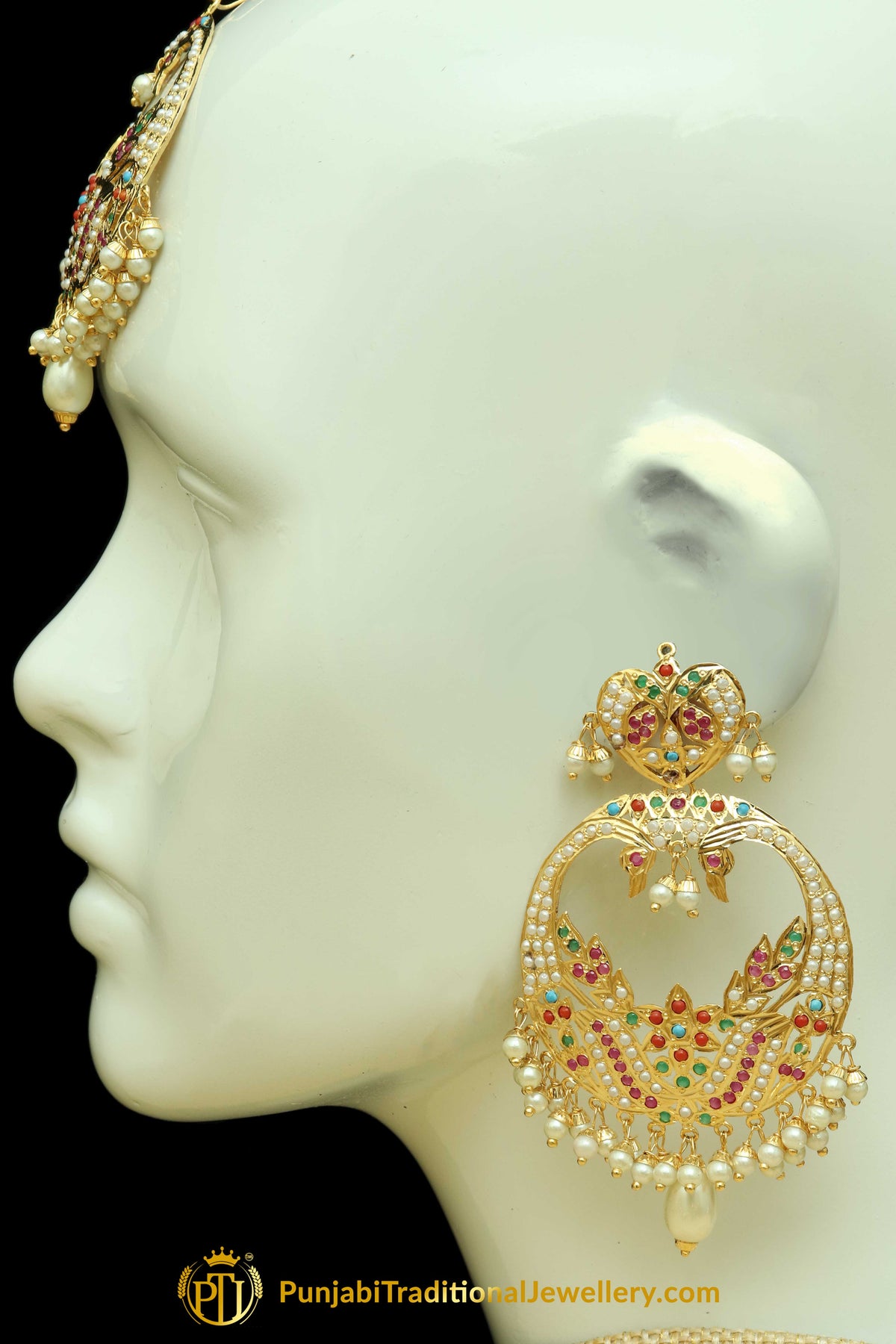 Multi Jadau Earrings Tikka Set By Punjabi Traditional Jewellery