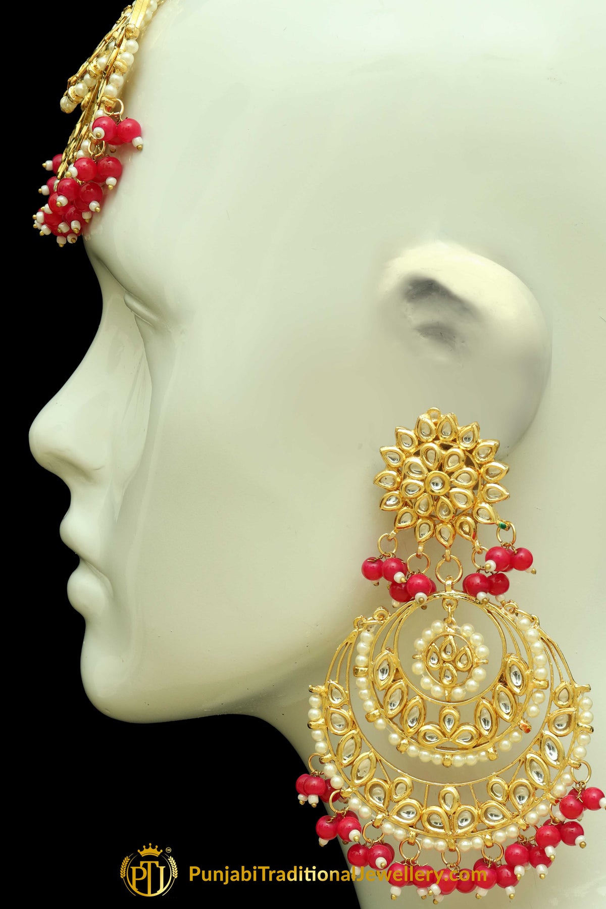 Rubby Kundan Earring Tikka Set By Punjabi Traditional Jewellery