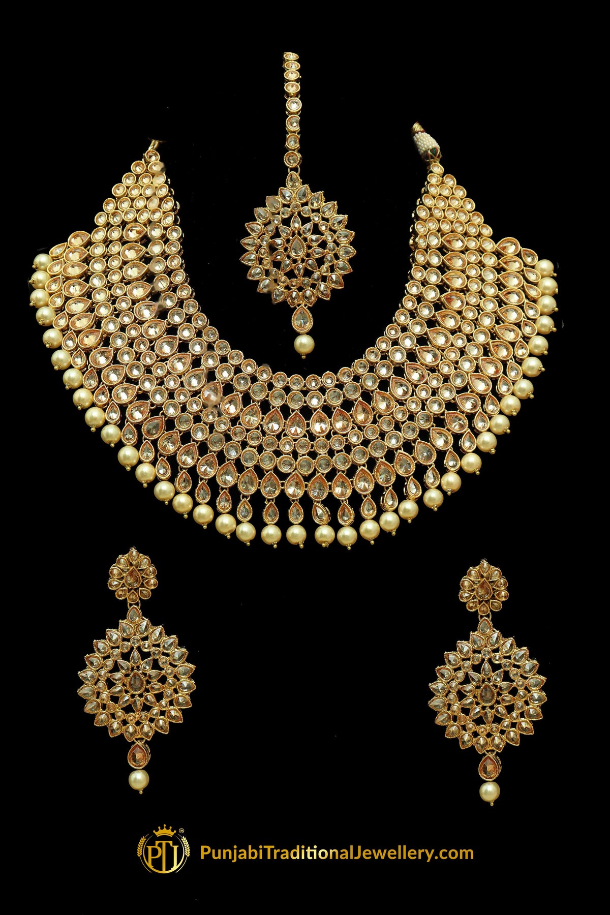 kluged Pearl Champagne Stone Necklace Set By Punjabi Taditional Jewellery