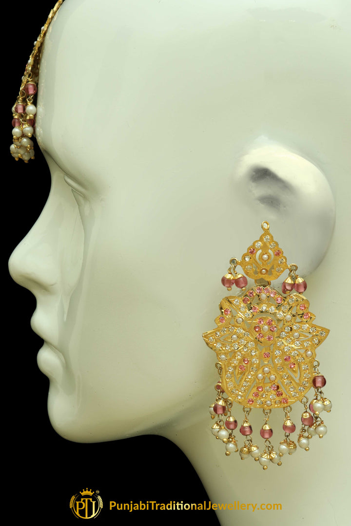 Pink Jadau Pearl Earring Tikka Set By Punjabi Traditional Jewellery