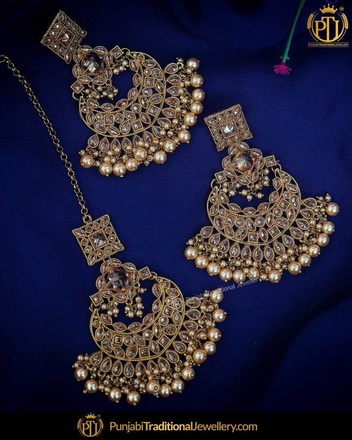 Gold Finished Champange Stone Earring Tikka Set | Punjabi Traditional Jewellery Exclusive