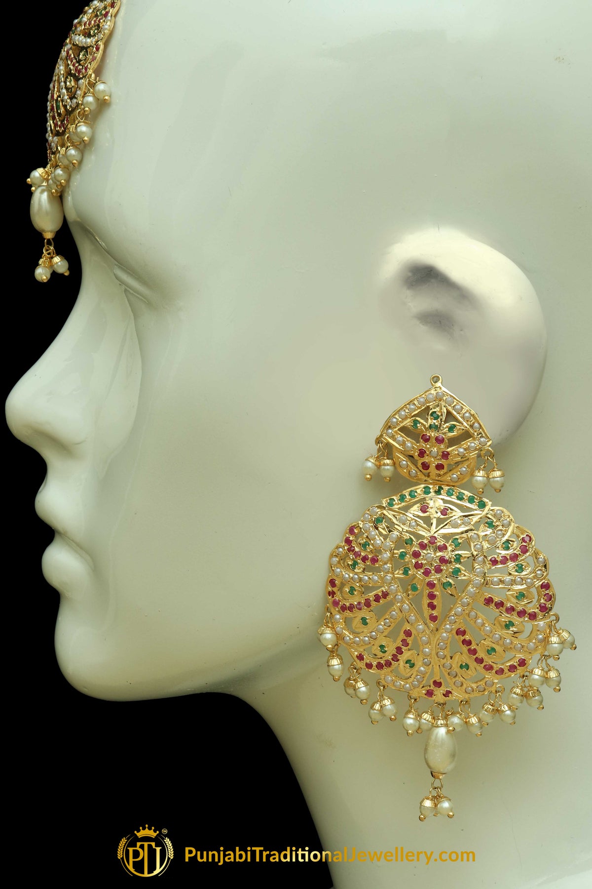 Multi Jadau Pearl Earring Tikka Set By Punjabi Traditional Jewellery