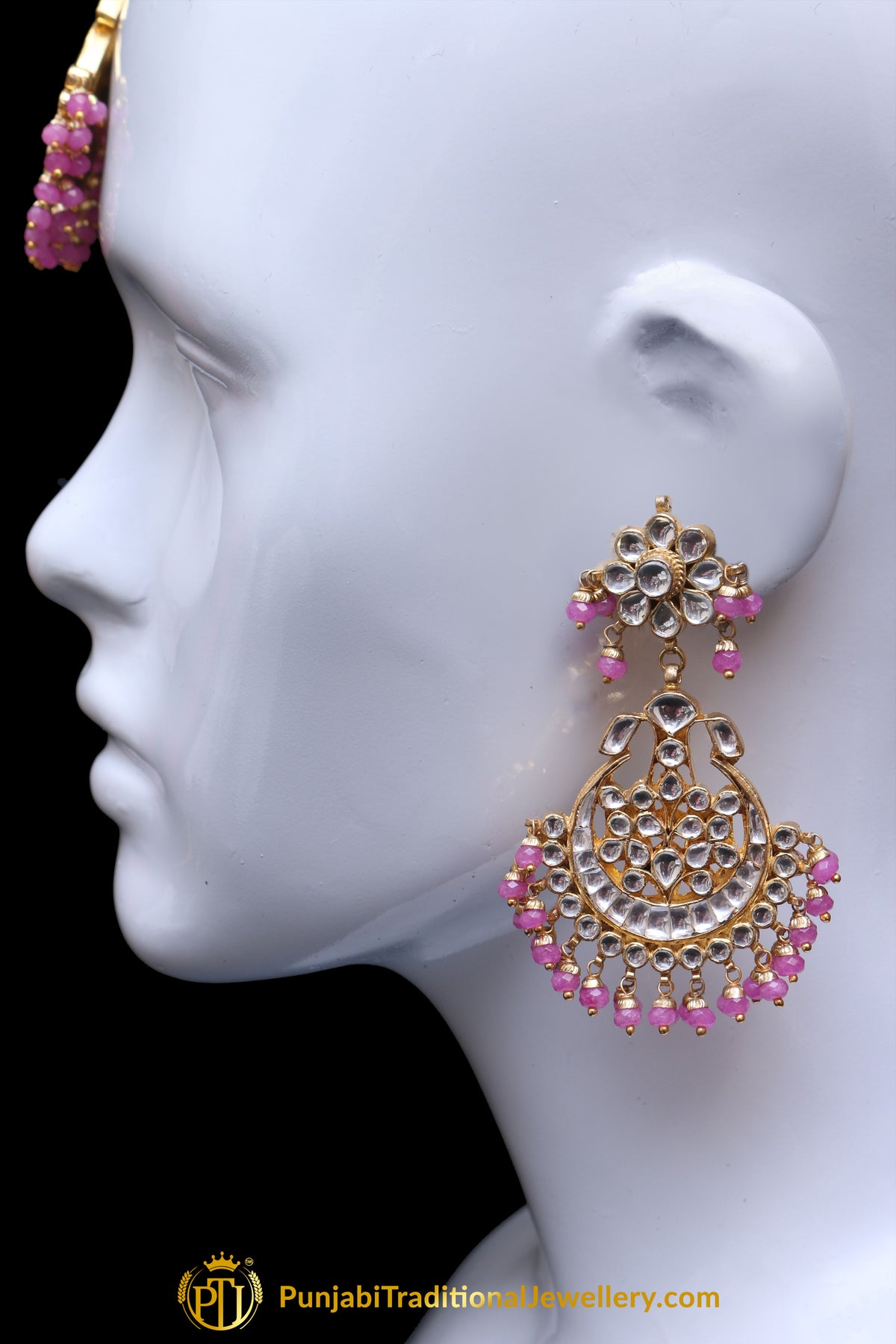 Pink Kundan Pearl Earring Tikka Set By Punjabi Traditional Jewellery