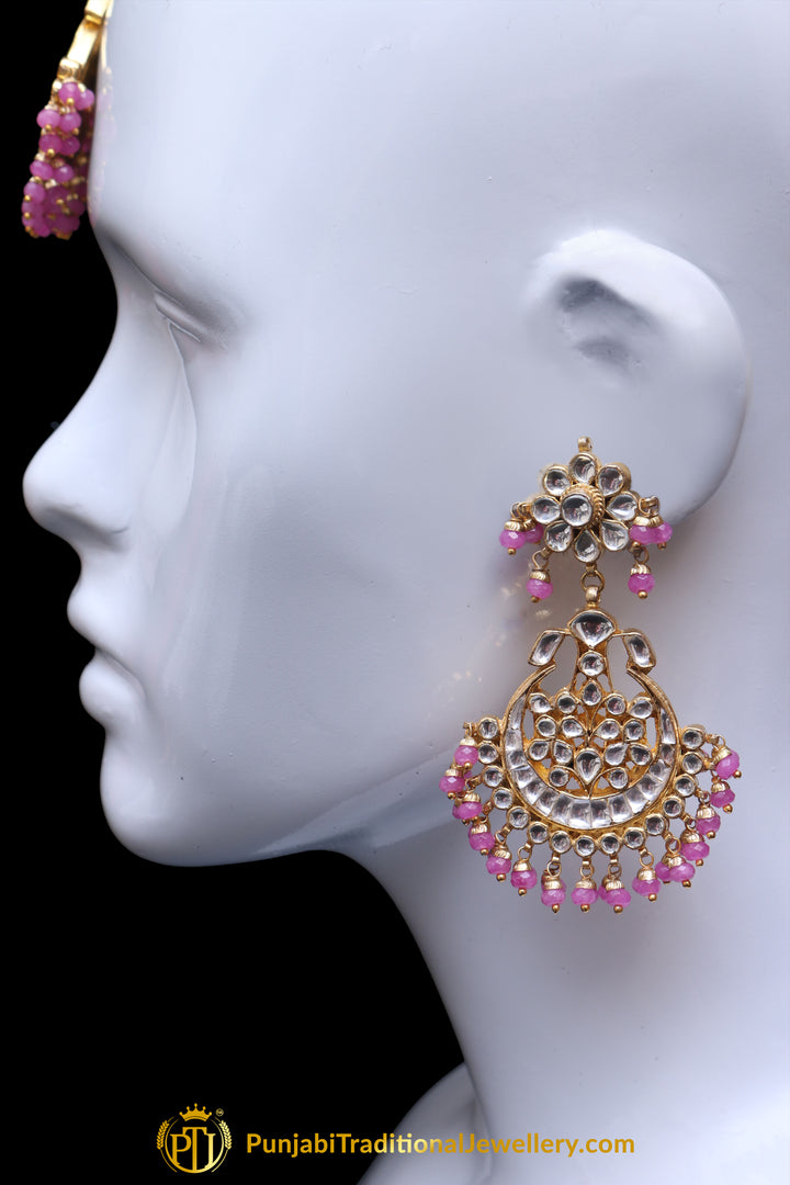 Pink Kundan Pearl Earring Tikka Set By Punjabi Traditional Jewellery