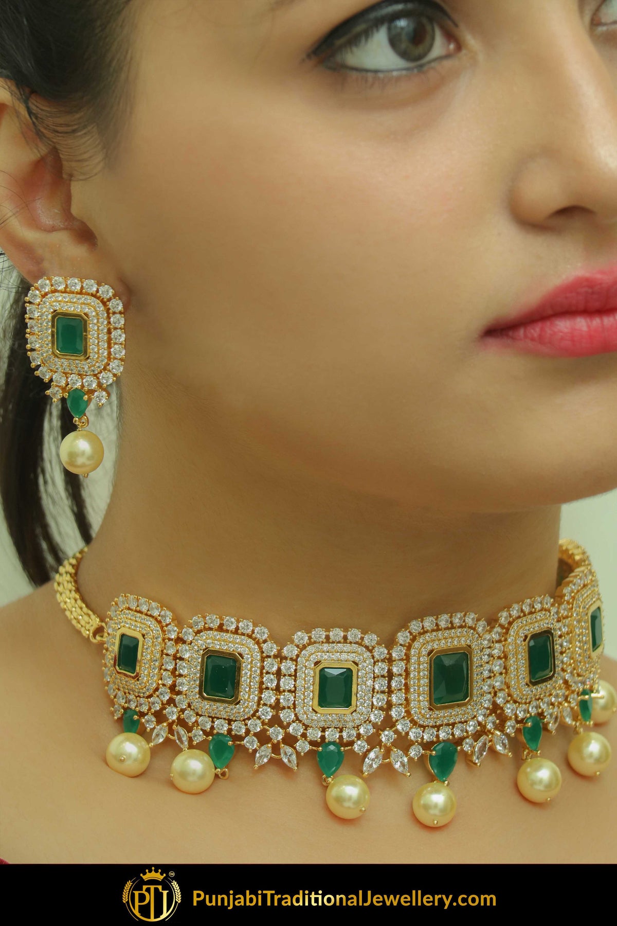 Ghadah Gold Finished Green Pearl American diamond Choker Set & Earrings | Punjabi Traditional Jewellery Exclusive