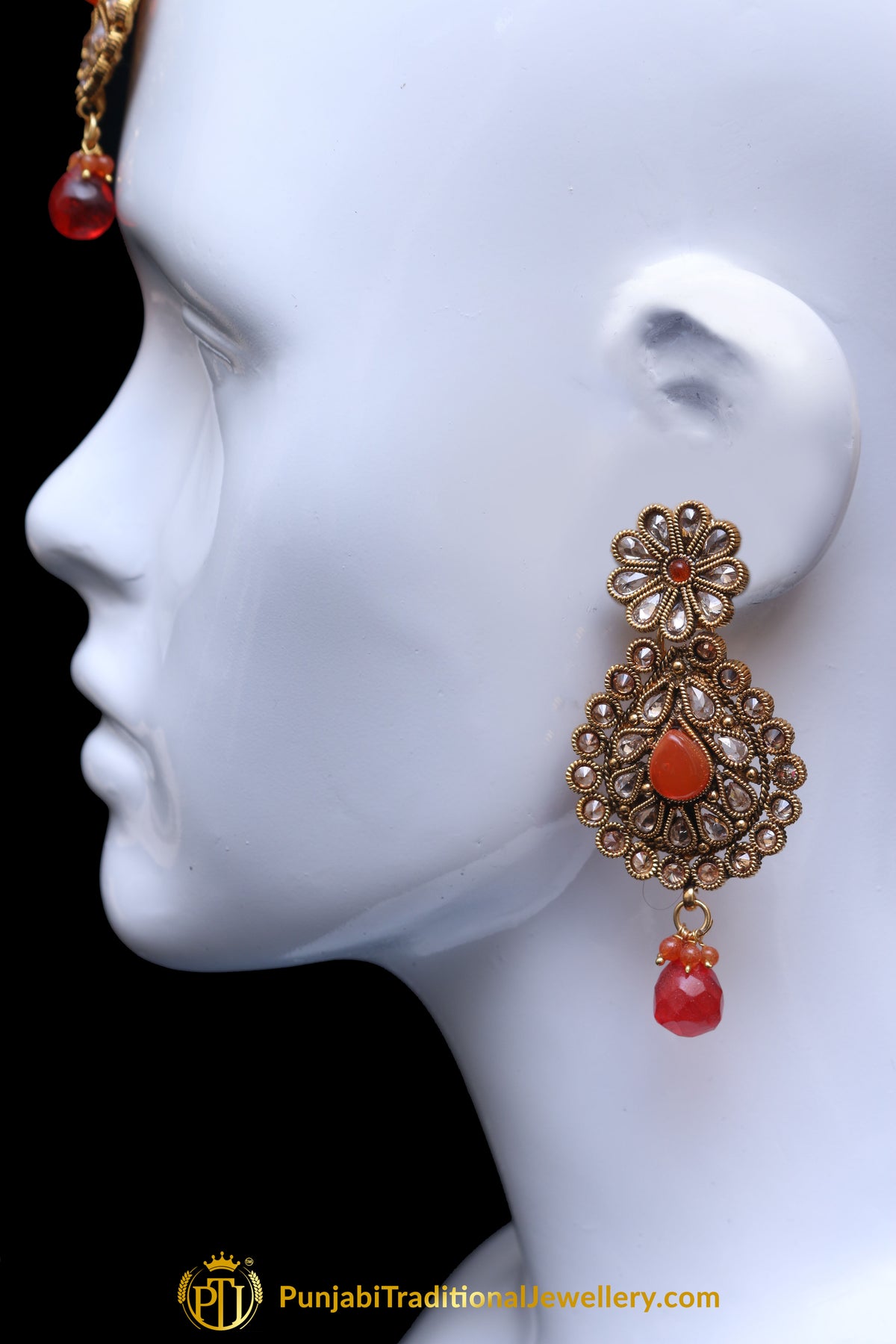 Champagne Stone Orange Earring Tikka Set By Punjabi Traditional Jewellery