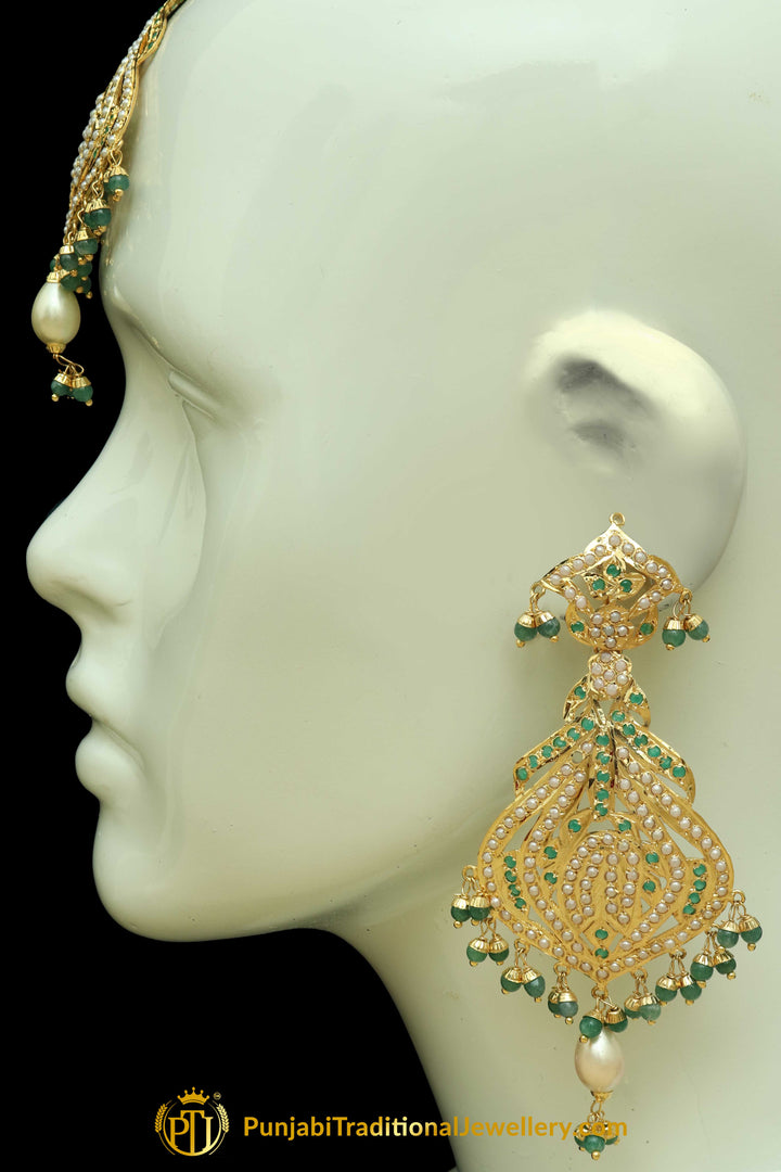 Green Jadau Pearl Earring Tikka Set By Punjabi Traditional Jewellery