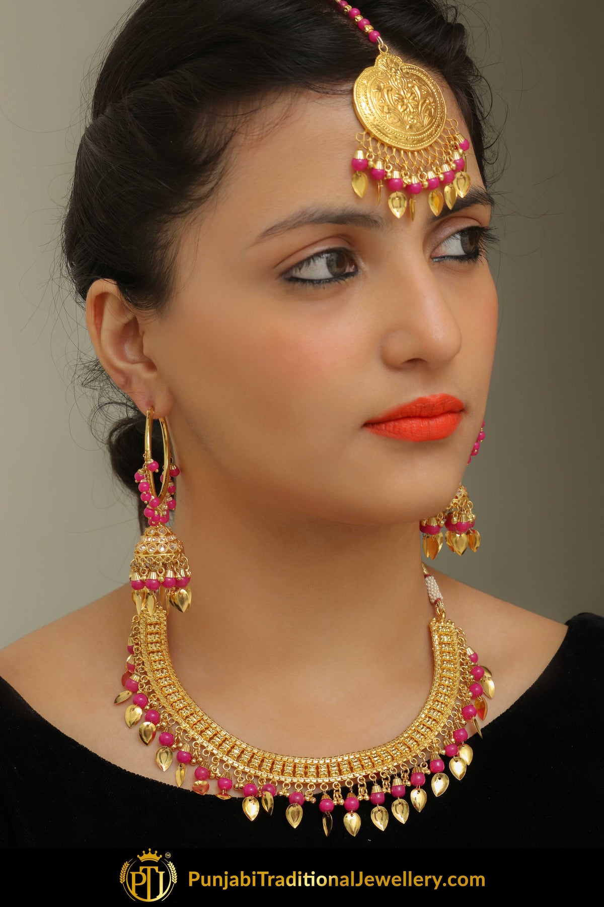 Inan Pink Pippal Patti Necklace & Earrings | Punjabi Giddha Jewellery | Punjabi Traditional Jewellery Exclusive