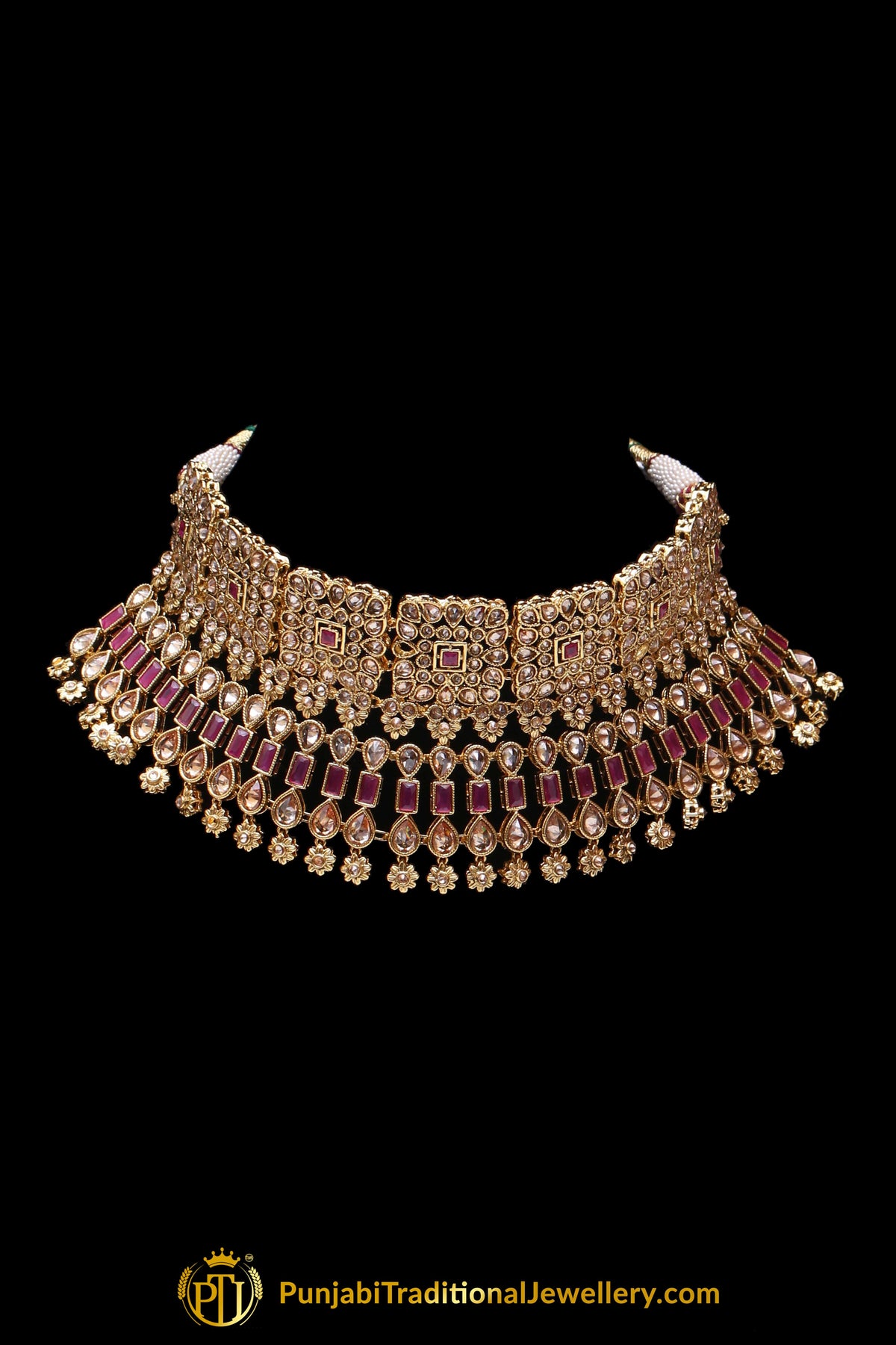 Red Champagne Stone Necklace Set By Punjabi Traditional Jewellery