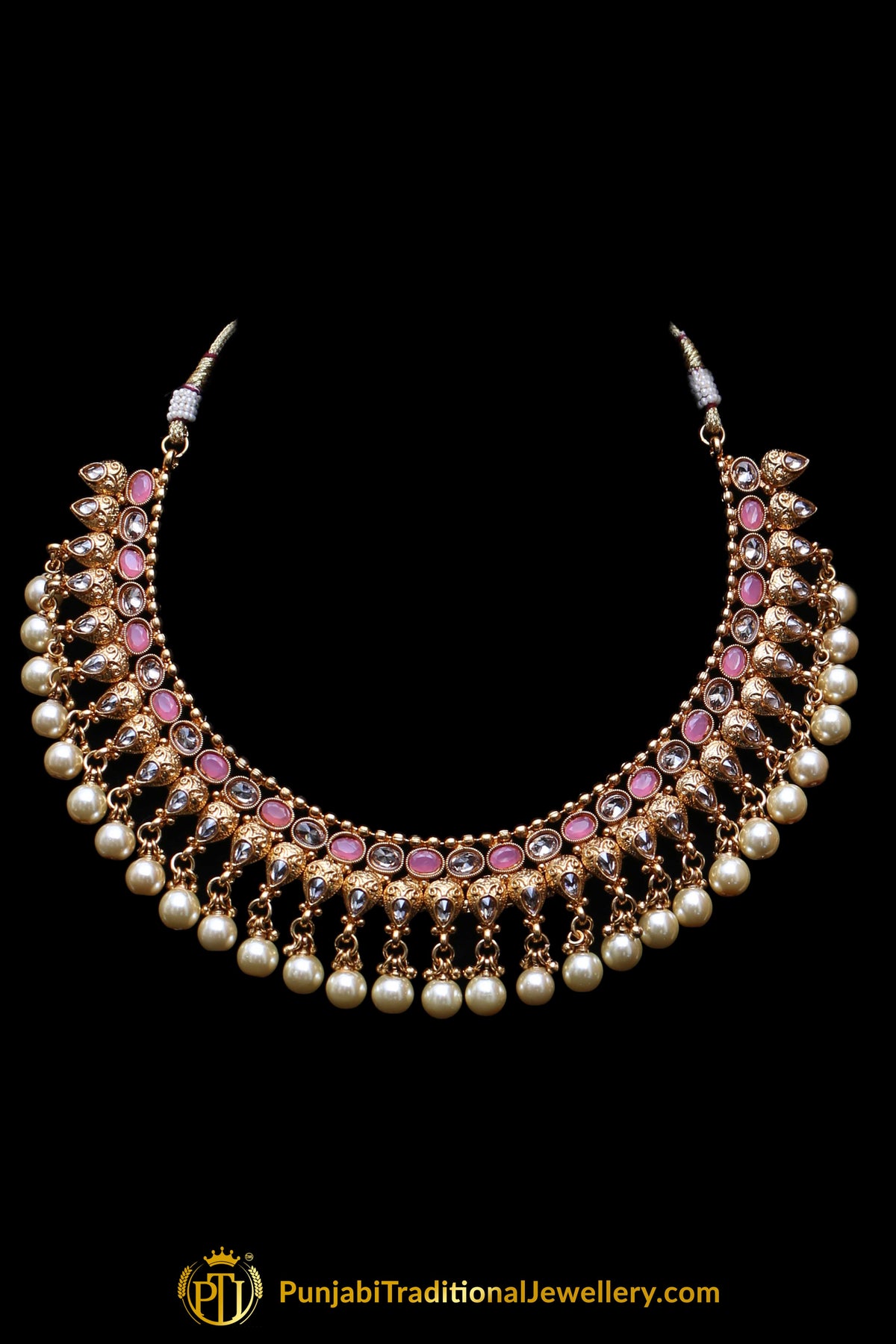Pink White Pearl Polki Necklace Set By Punjabi Taditional Jewellery