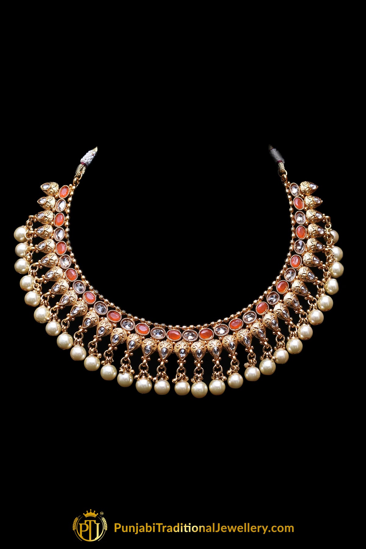 Orange White Pearl Polki Necklace Set By Punjabi Taditional Jewellery