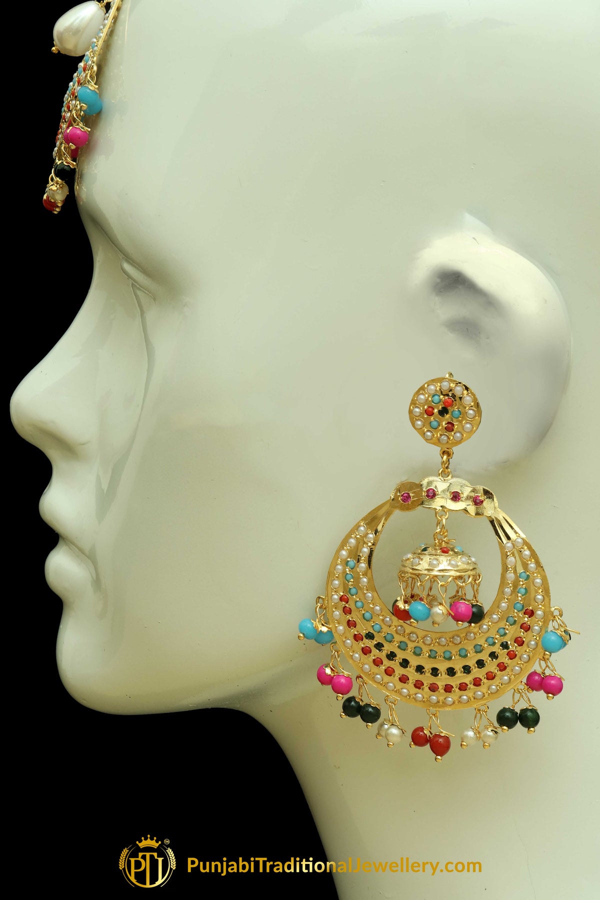 Multi Jadau Pearl Earring Tikka Set By Punjabi Traditional Jewellery