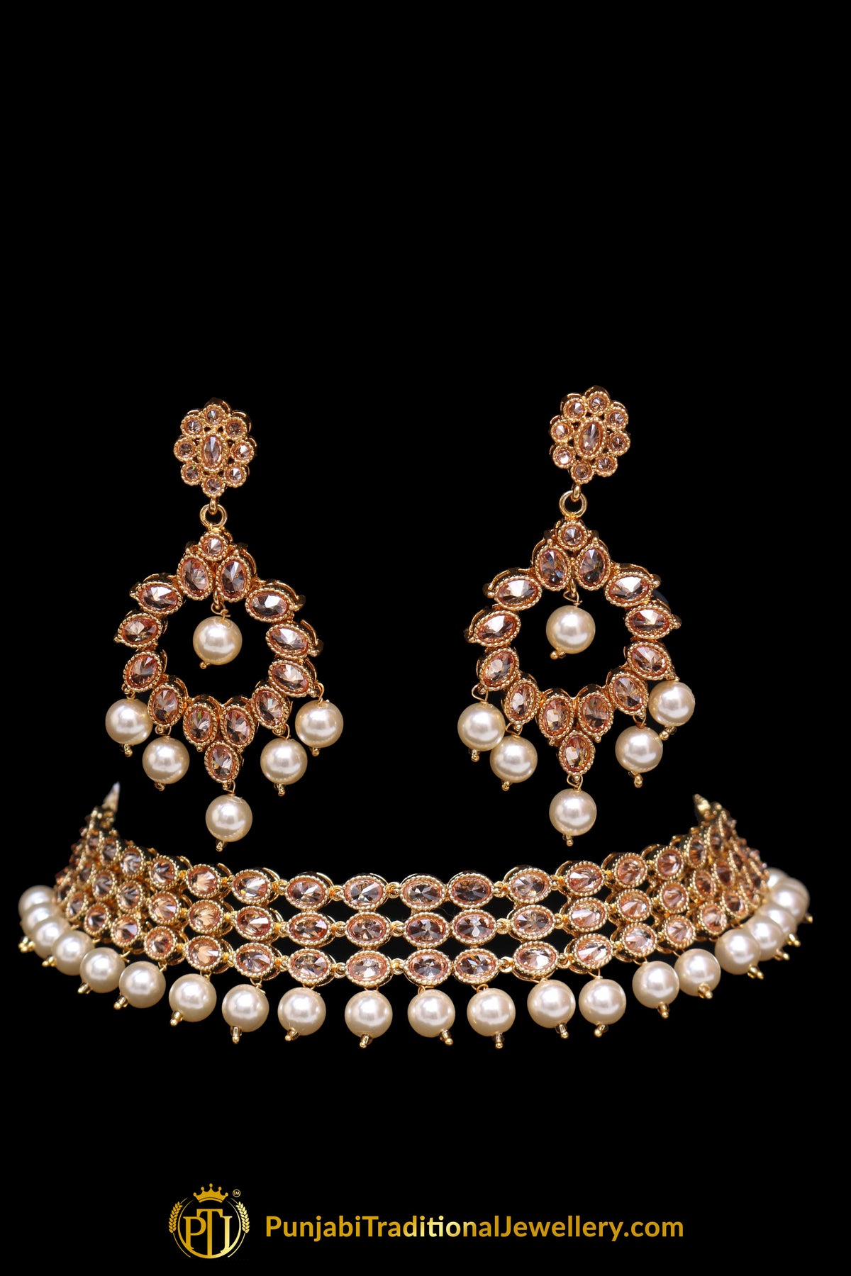 Pearl Champagne Stone Necklace Set By Punjabi Taditional Jewellery