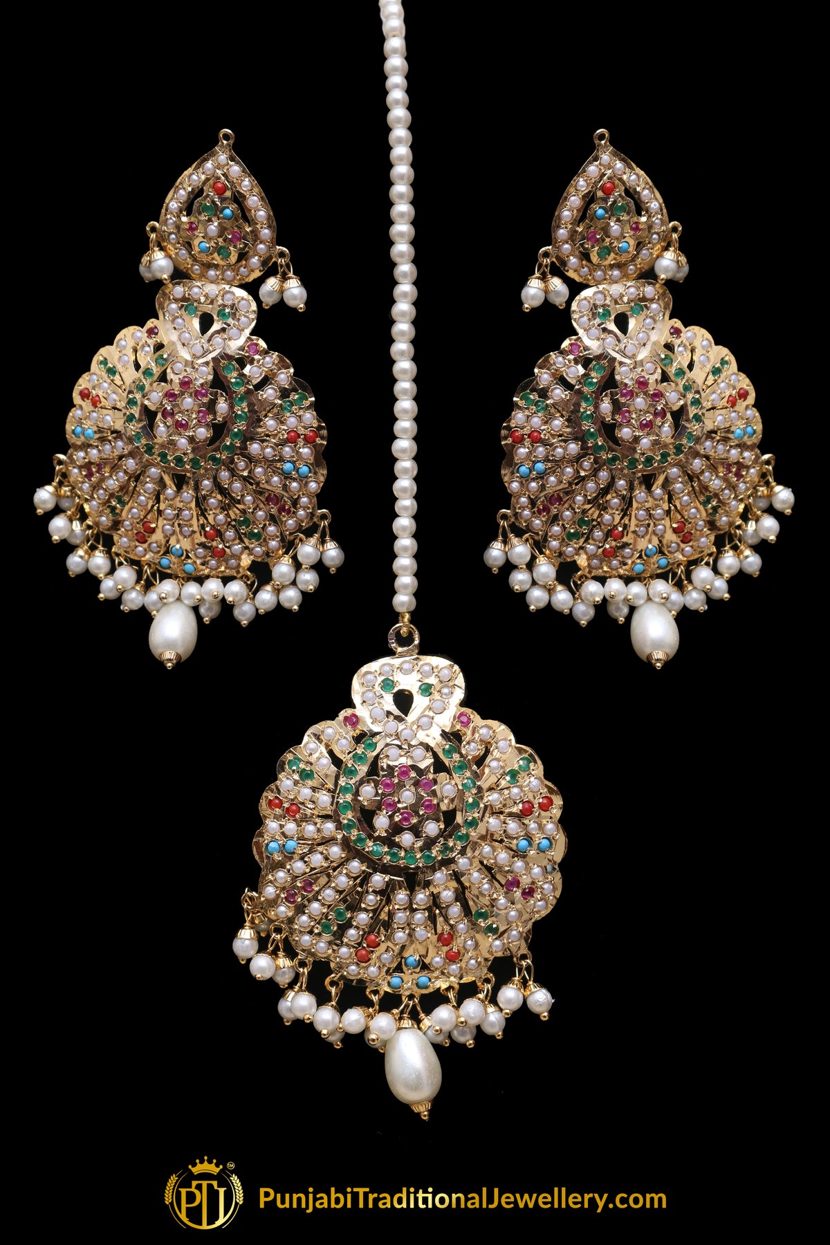 Multi Jadau Pearl Earring Tikka Set By Punjabi Traditional Jewellery