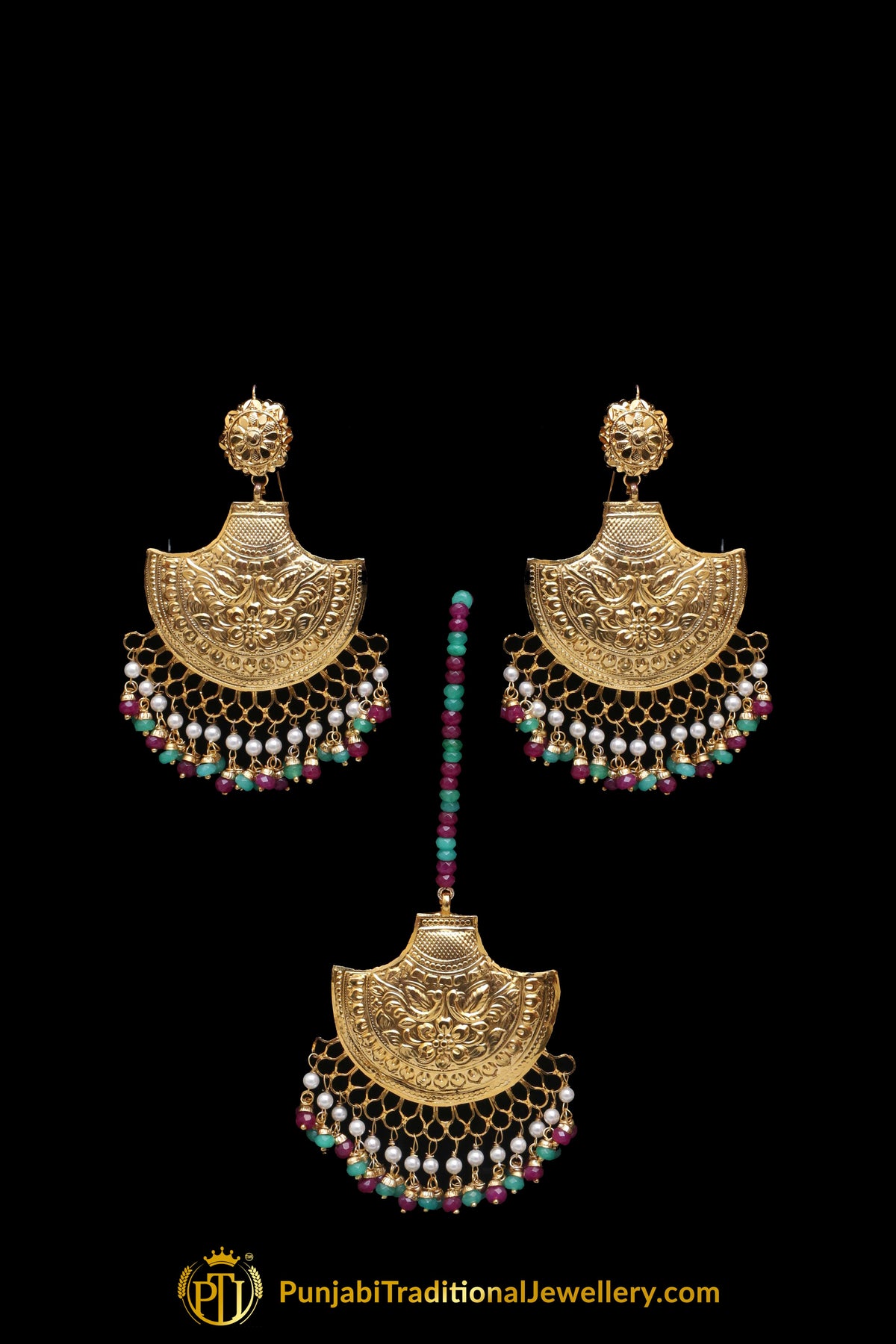 Maroon & Green Earring Tikka Set By Punjabi Traditional Jewellery