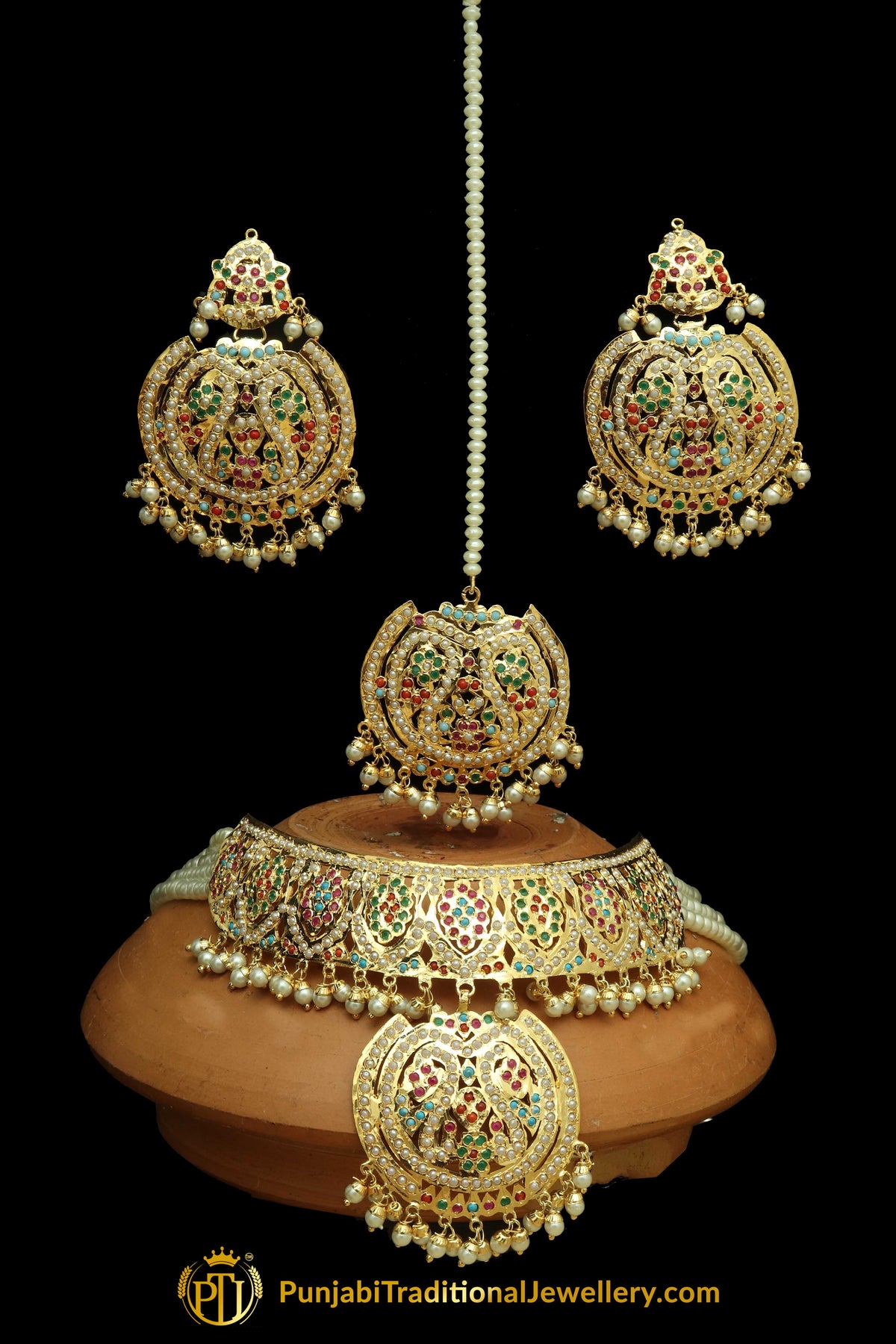 Multi Jadau Choker Necklace Set By Punjabi Traditional Jewellery