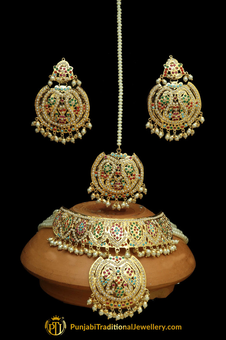 Multi Jadau Choker Necklace Set By Punjabi Traditional Jewellery