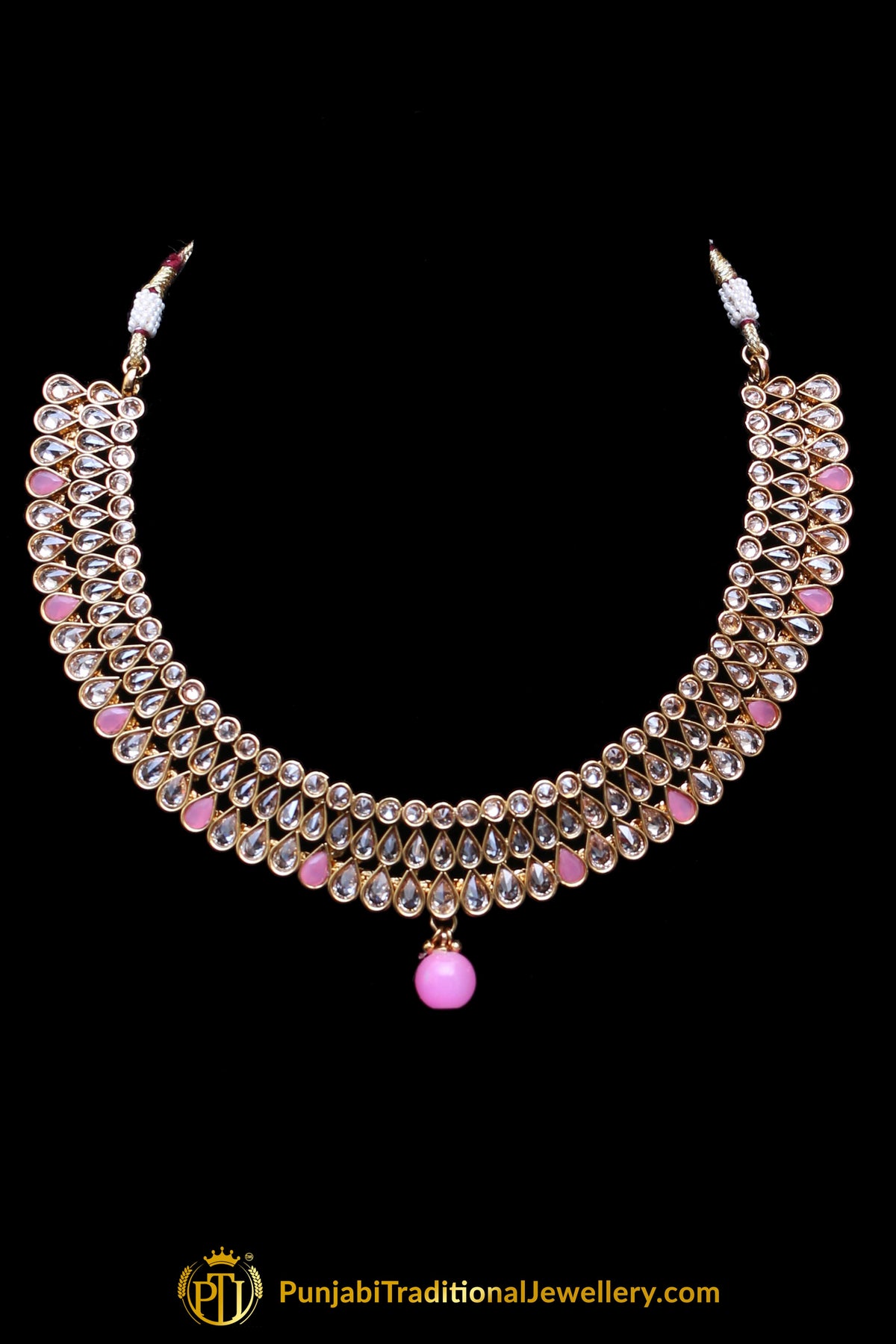Pink Polki Necklace Set By Punjabi Traditional Jewellery