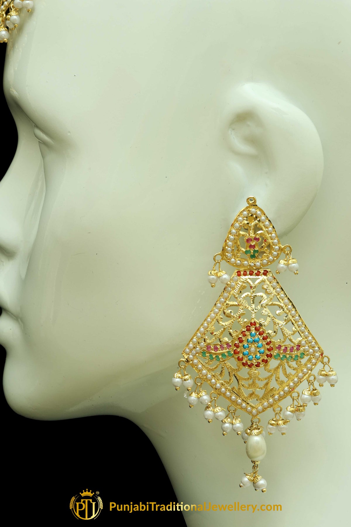 Gold Finished Navratan Jadau Earring Tikka Set By Punjabi Traditional Jewellery