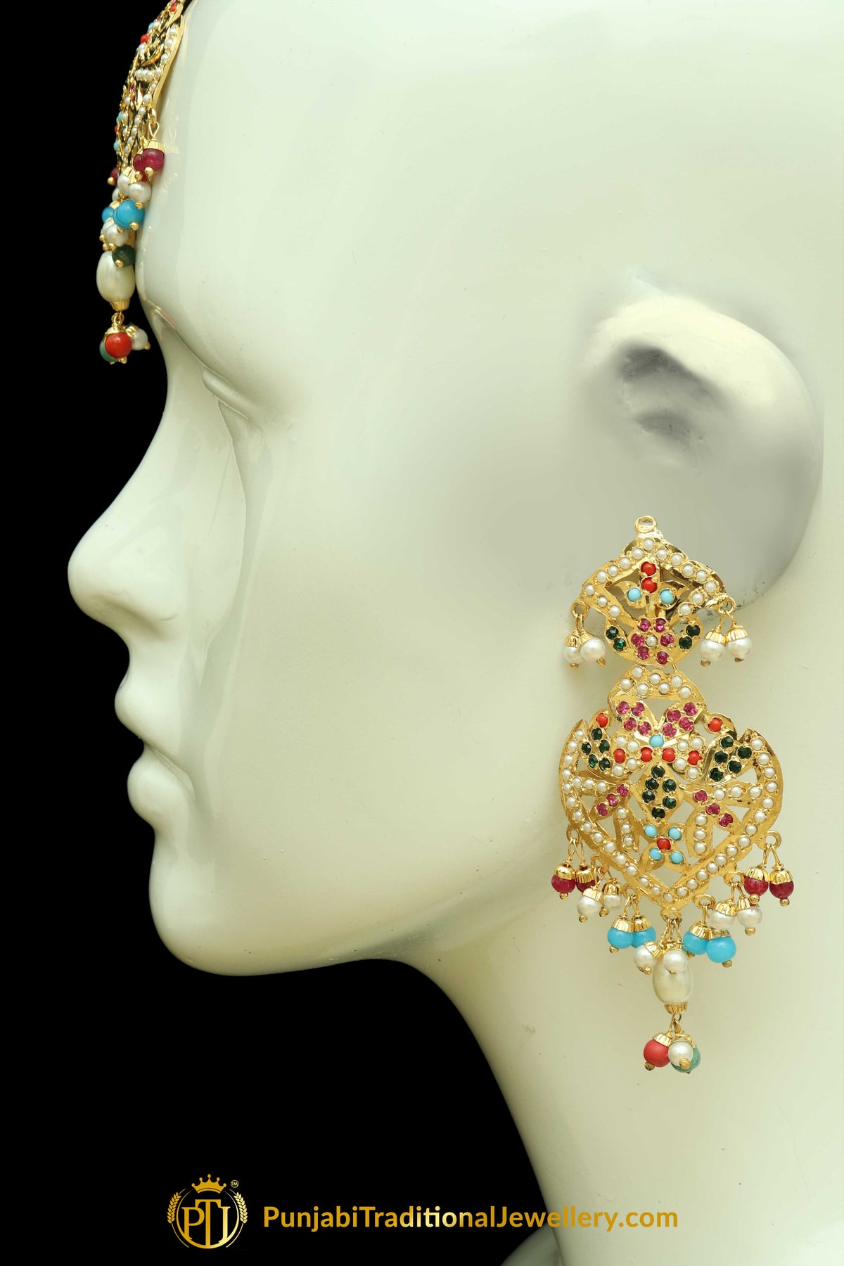 Multi Jadau Pearl Earring Tikka Set By Punjabi Traditional Jewellery