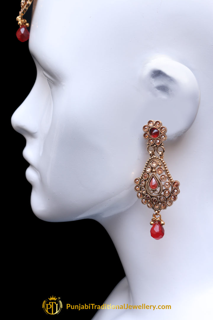 Red Champagne Stone Earring Tikka Set By Punjabi Traditional Jewellery