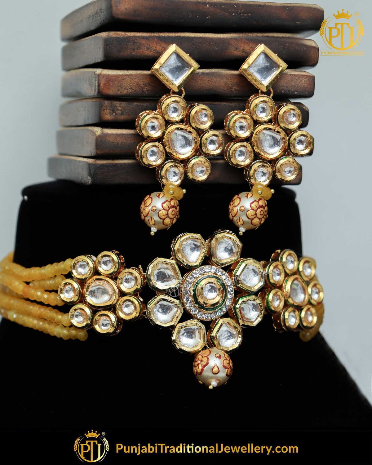 Golden Hand-Painted Meena Kundan Pearl Choker Set | Punjabi Traditional Jewellery Exclusive
