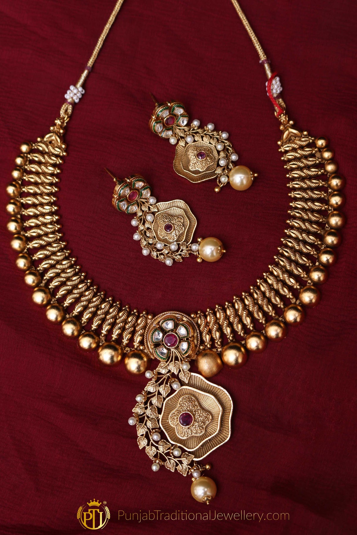 Antique Gold Rubby Necklace Set By Punjabi Traditional Jewellery