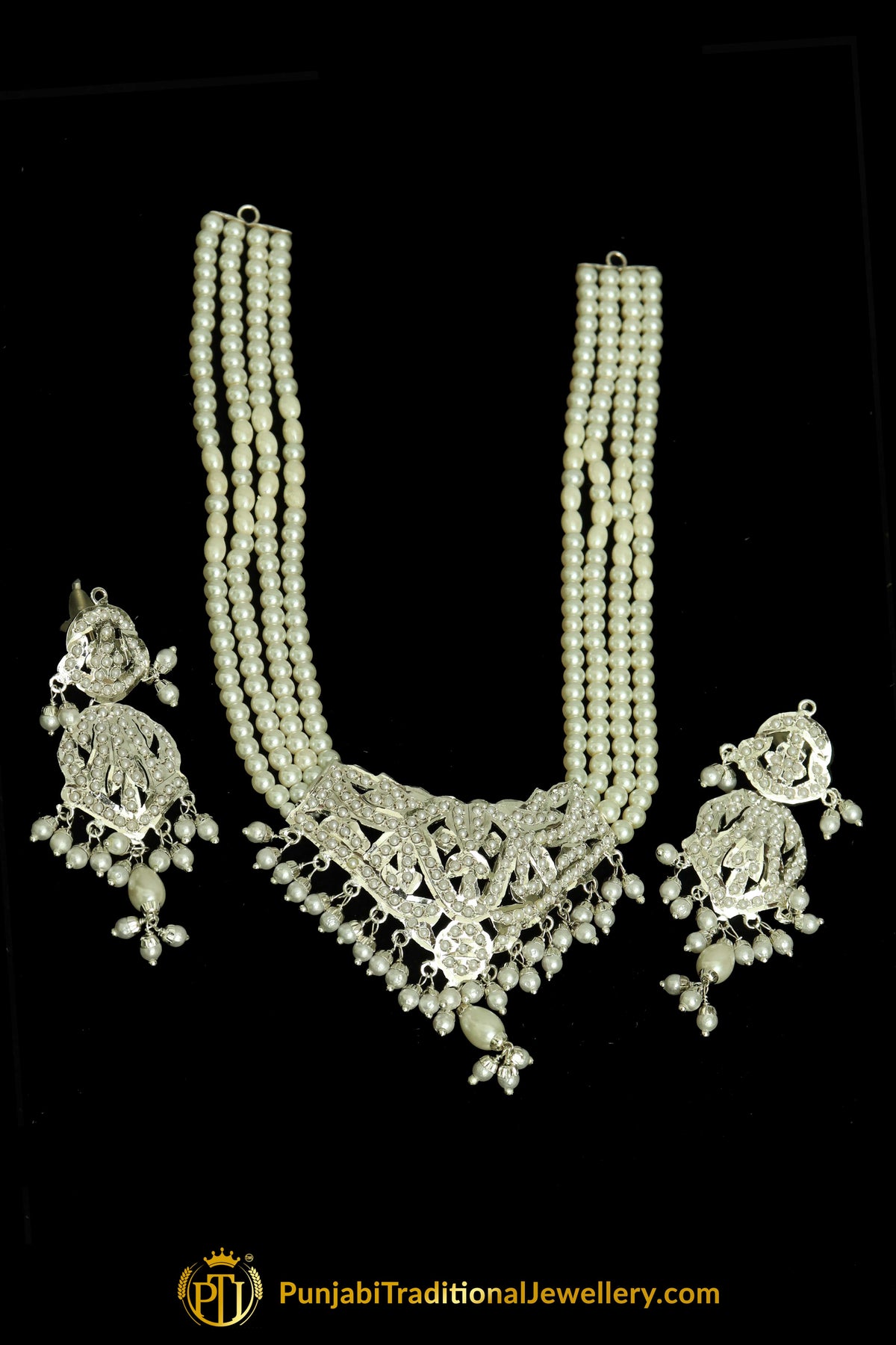 Silver Finished Pearl Jadau Necklace Set By Punjabi Traditional Jewellery