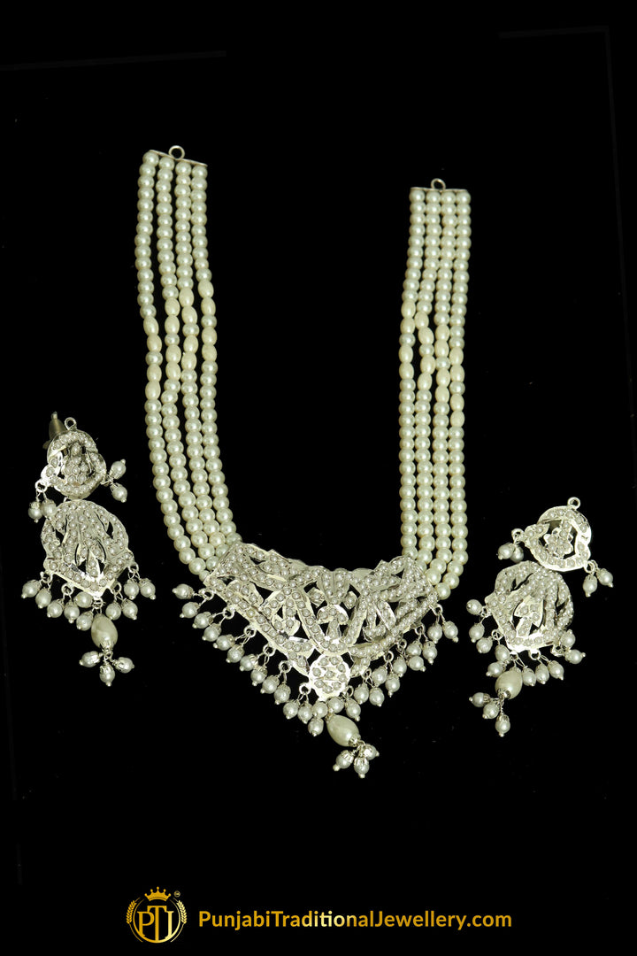 Silver Finished Pearl Jadau Necklace Set By Punjabi Traditional Jewellery