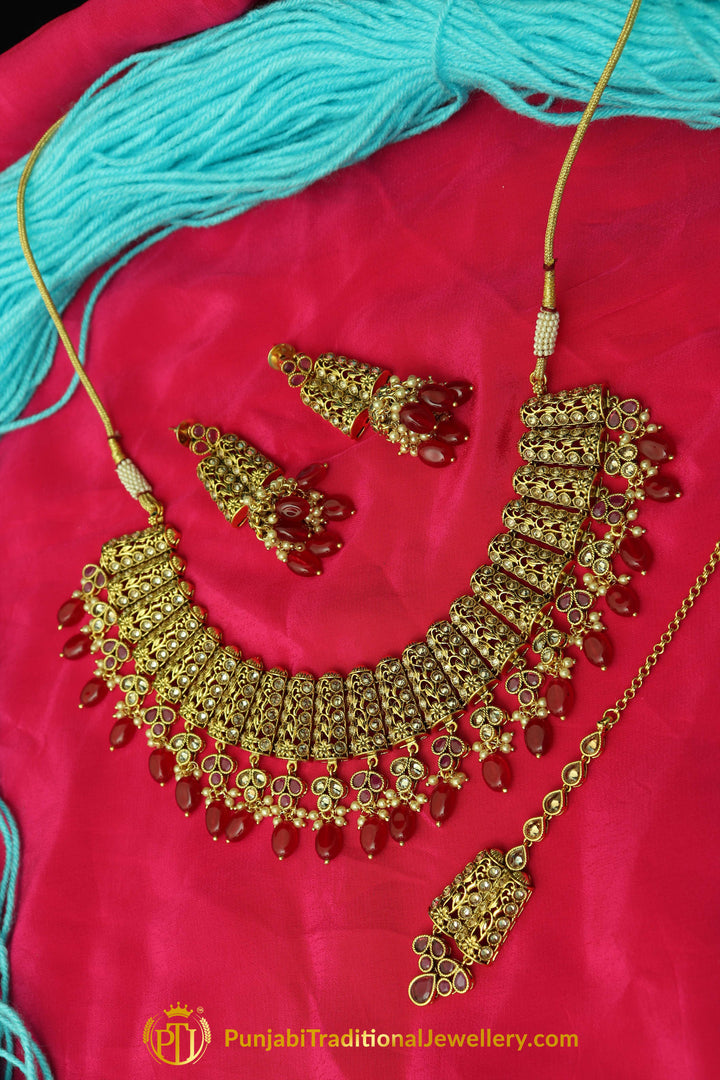 Red Champagne Stone Necklace Set By Punjabi Taditional Jewellery