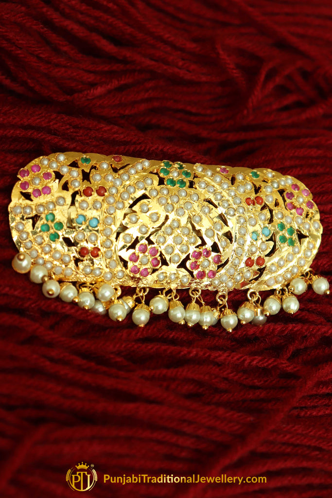 Gold Finished Navratan Pearl Jadau Clip Hair Accessories By Punjabi Tr