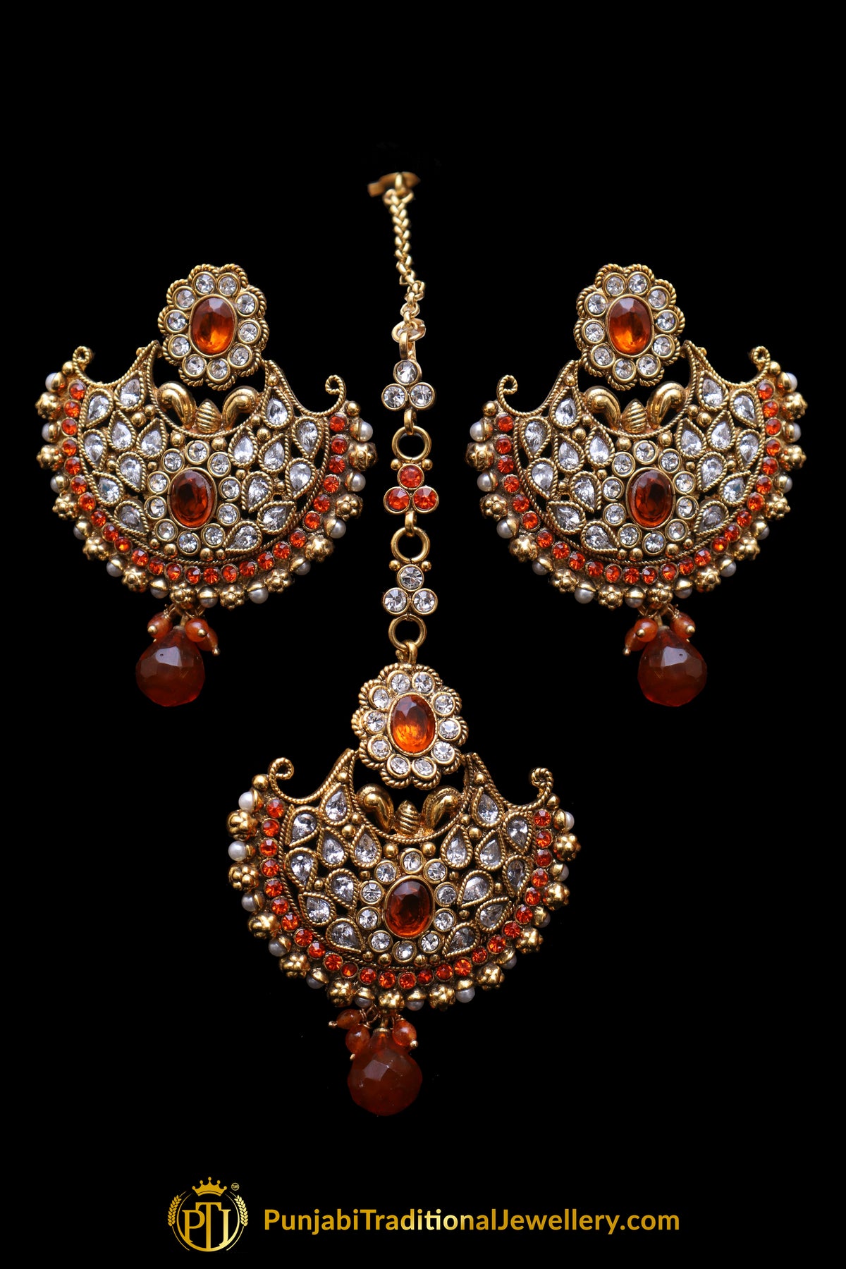 Orange Polki Earring Tikka Set By Punjabi Traditional Jewellery