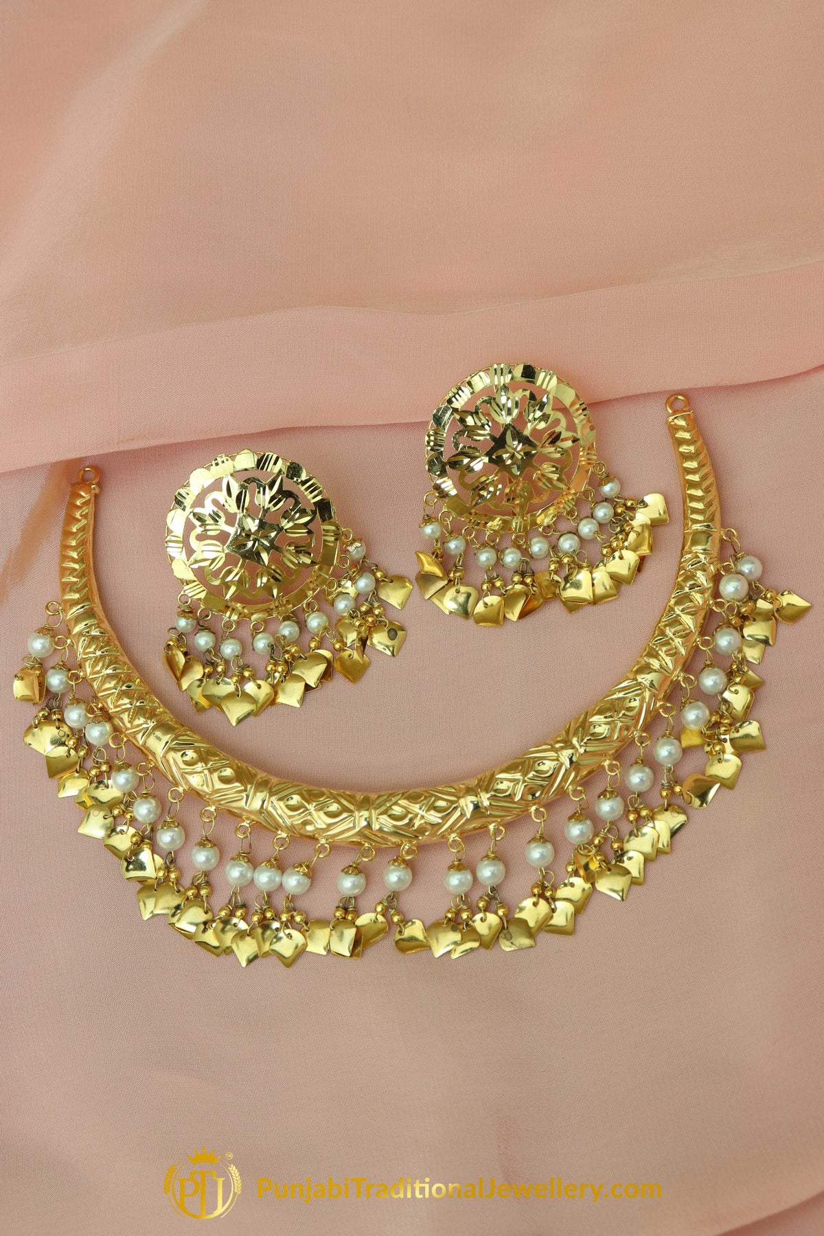 Hasinah Gold Finished Pippal Patti Hasli Necklace & Stud Earrings | Punjabi Traditional Jewellery Exclusive