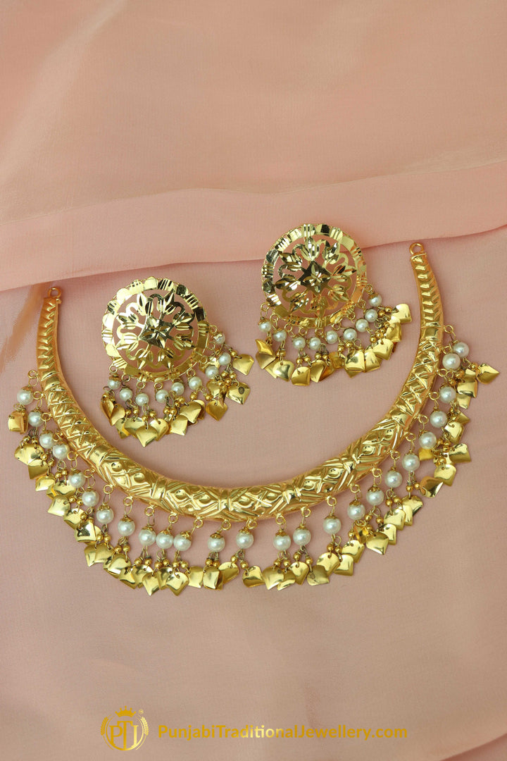 Hasinah Gold Finished Pippal Patti Hasli Necklace & Stud Earrings | Punjabi Traditional Jewellery Exclusive