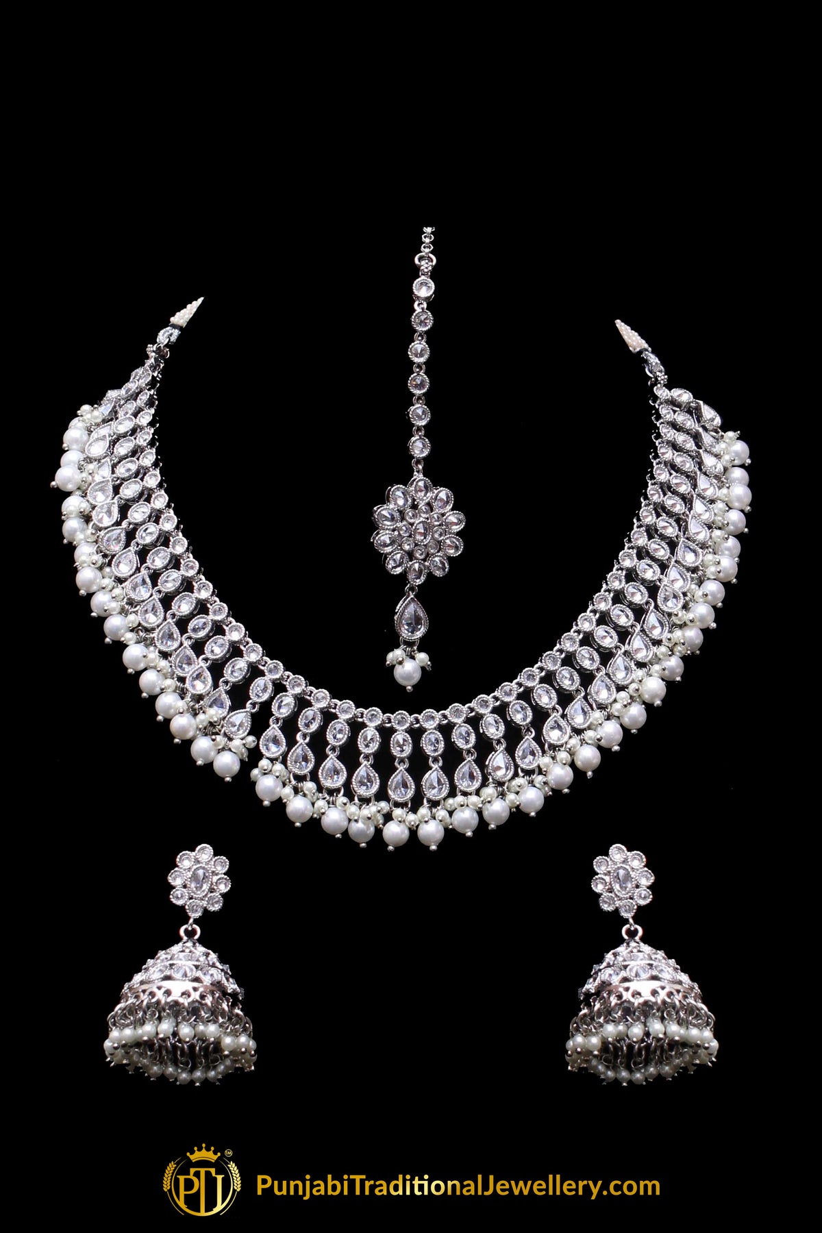 Silver Polki Pearl Necklace Set By Punjabi Traditional Jewellery