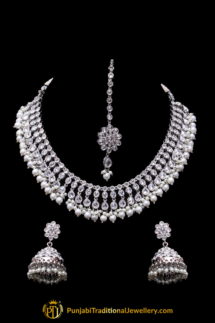 Silver Polki Pearl Necklace Set By Punjabi Traditional Jewellery