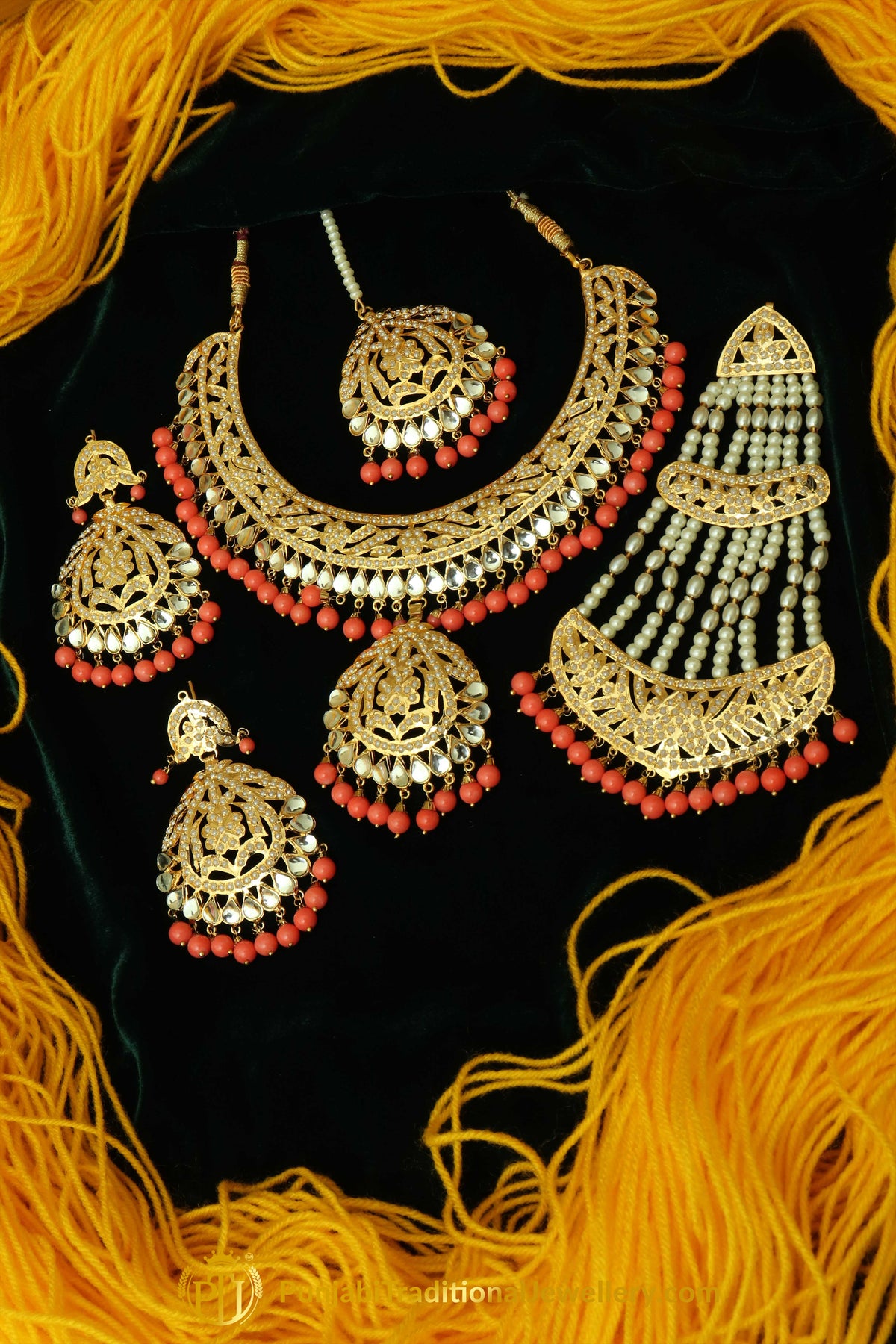 Orange Jadau Kundan Necklace Set With Passsa By Punjabi Traditional Jewellery