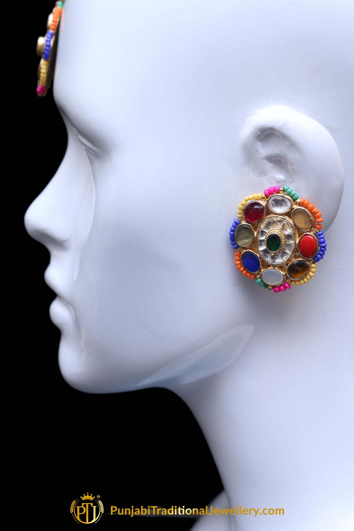Multi Polki Stud Earrings & Tikka Set By Punjabi Traditional Jewellery