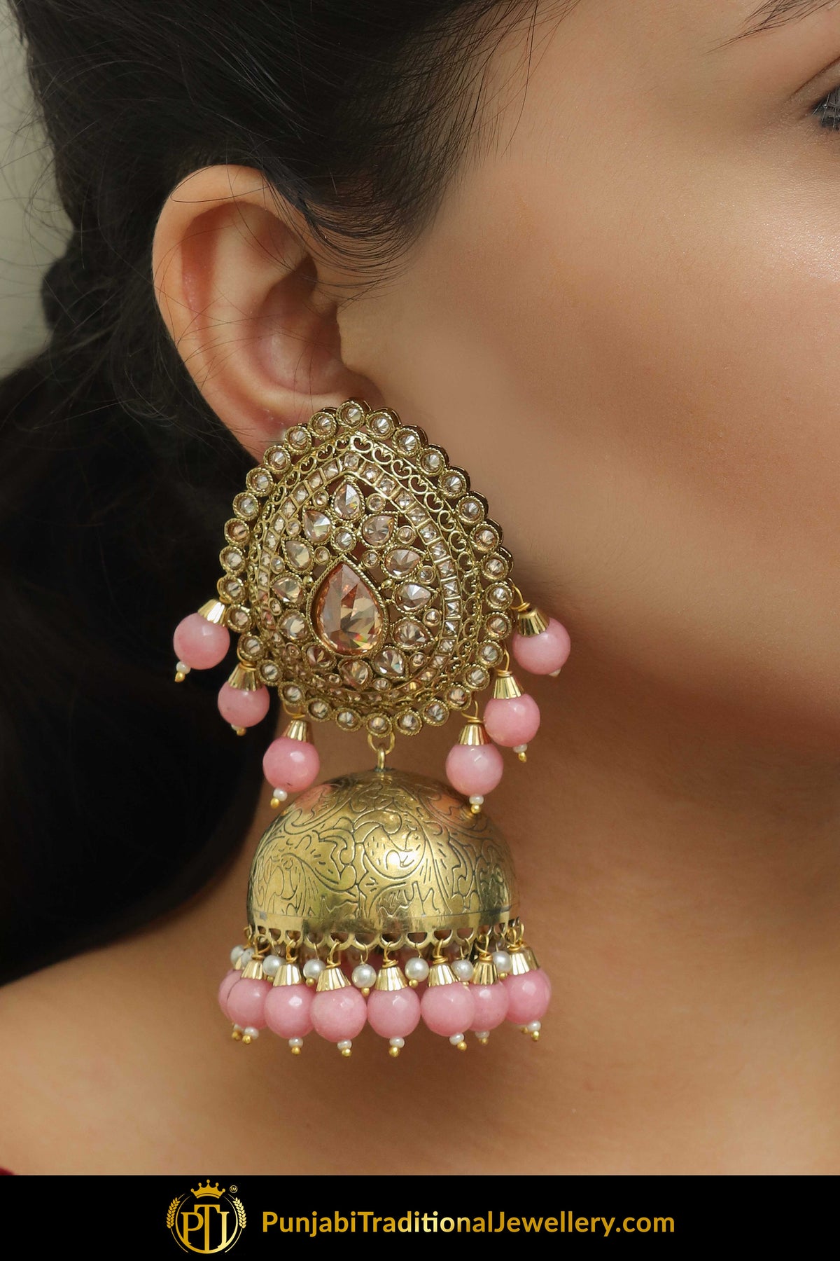 Farwah Chamapgne Stone  Pink Jhumki Earrings, Necklace Set With Tikka | Punjabi Traditional Jewellery Exclusive