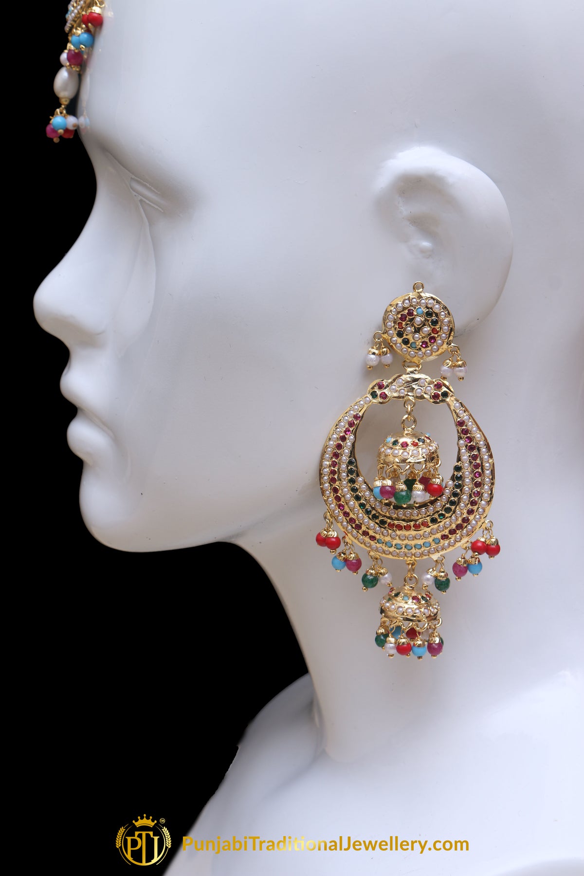 Multi Jadau Pearl Earring Tikka Set By Punjabi Traditional Jewellery