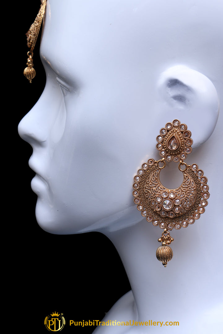 Antique Gold Polki Earring Tikka Set By Punjabi Traditional Jewellery