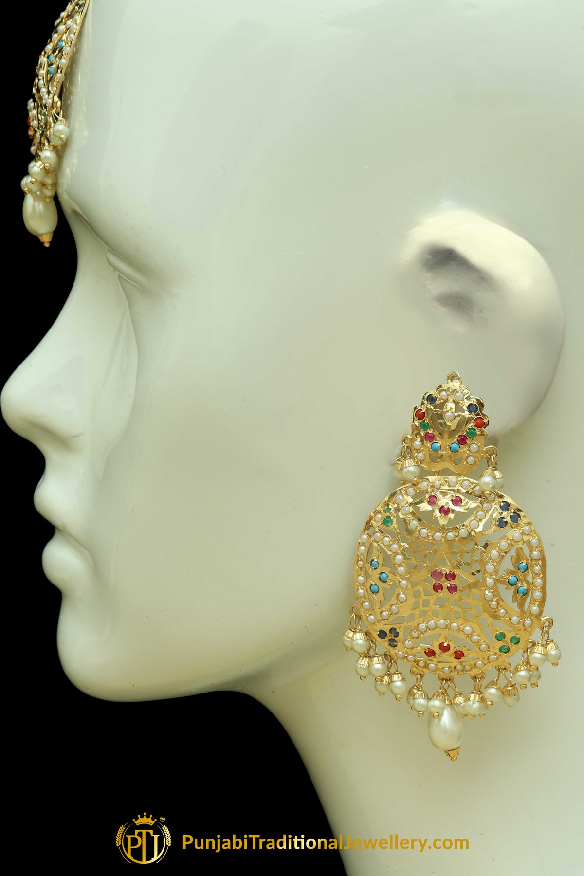 Multi Jadau Pearl Earring Tikka Set By Punjabi Traditional Jewellery