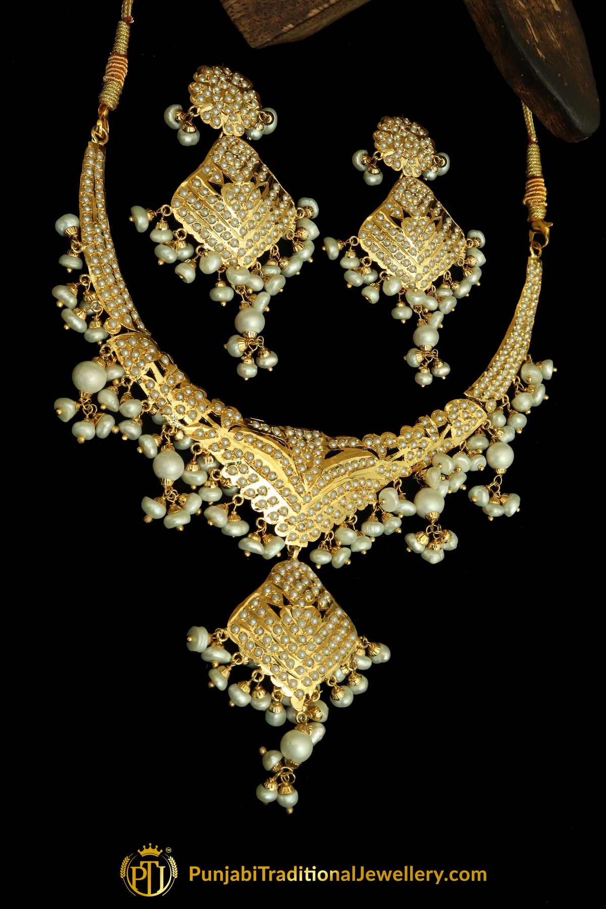 Golden Jadau Pearl Necklace Set By Punjabi Traditional Jewellery