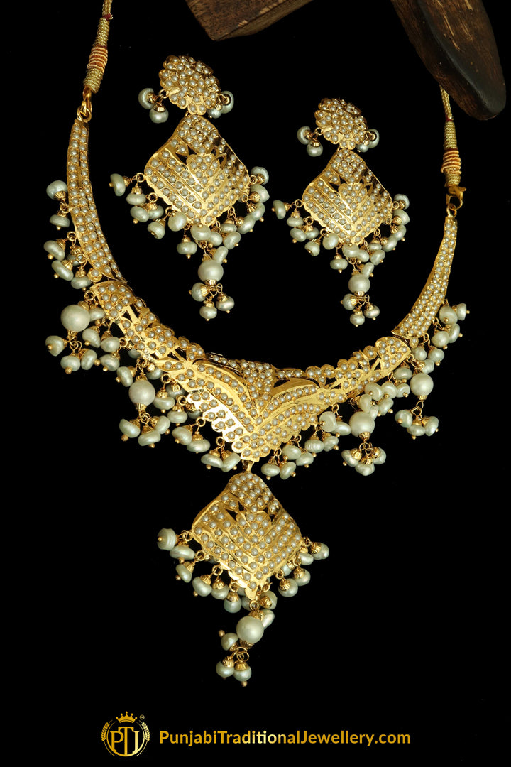 Golden Jadau Pearl Necklace Set By Punjabi Traditional Jewellery