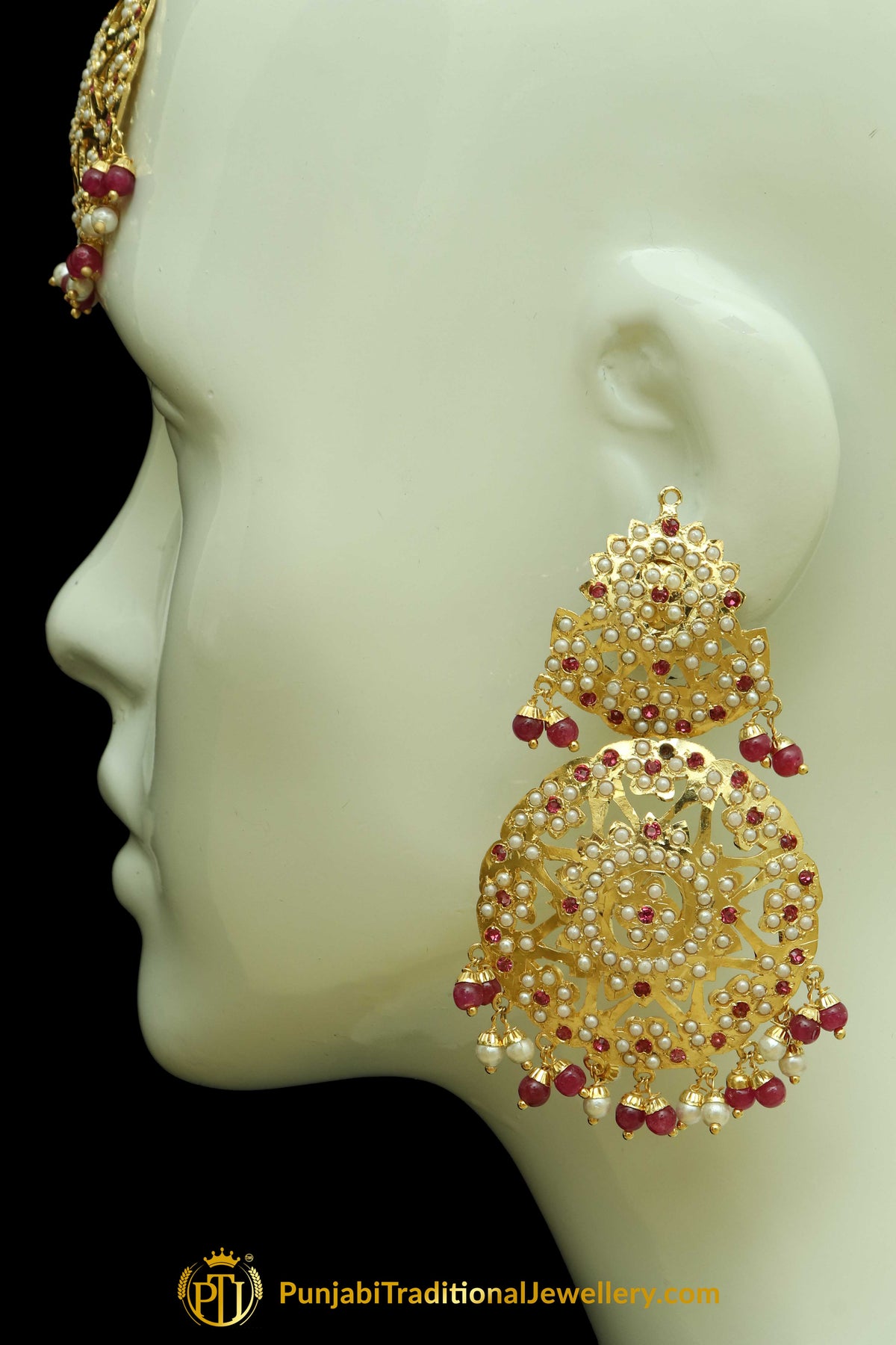 Gold Finished Rubby Jadau Earring Tikka Set By Punjabi Traditional Jewellery