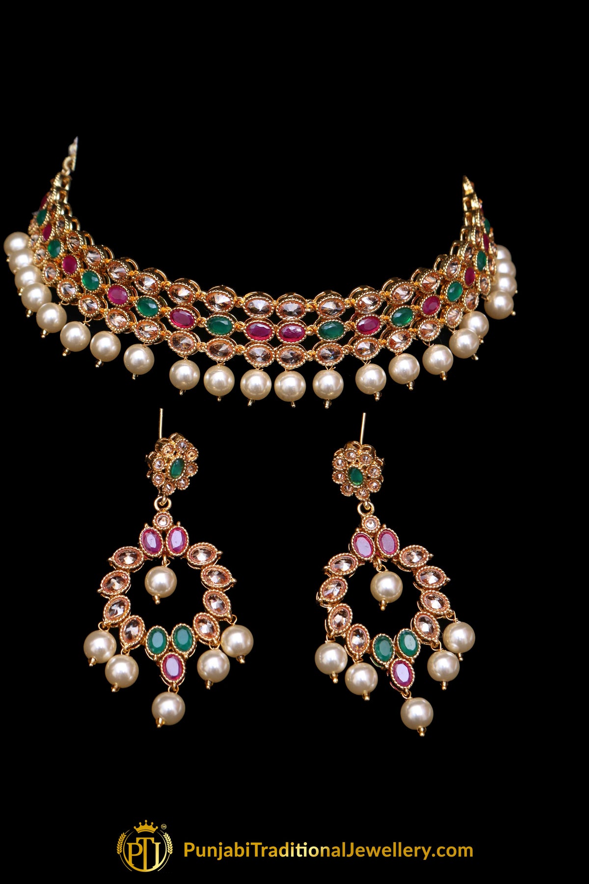 Rubby Panna Polki Pearl Necklace Set By Punjabi Traditional Jewellery