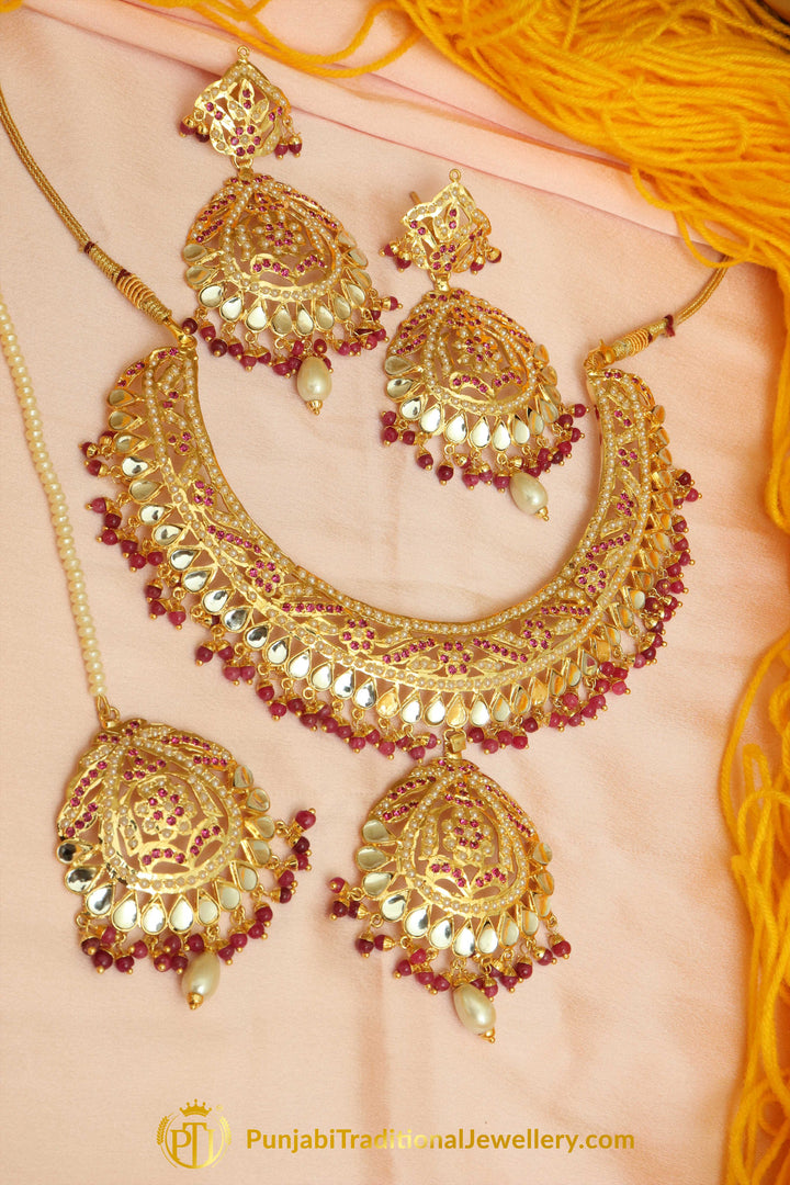Red Kundan Jadau Necklace Set By Punjabi Traditional Jewellery