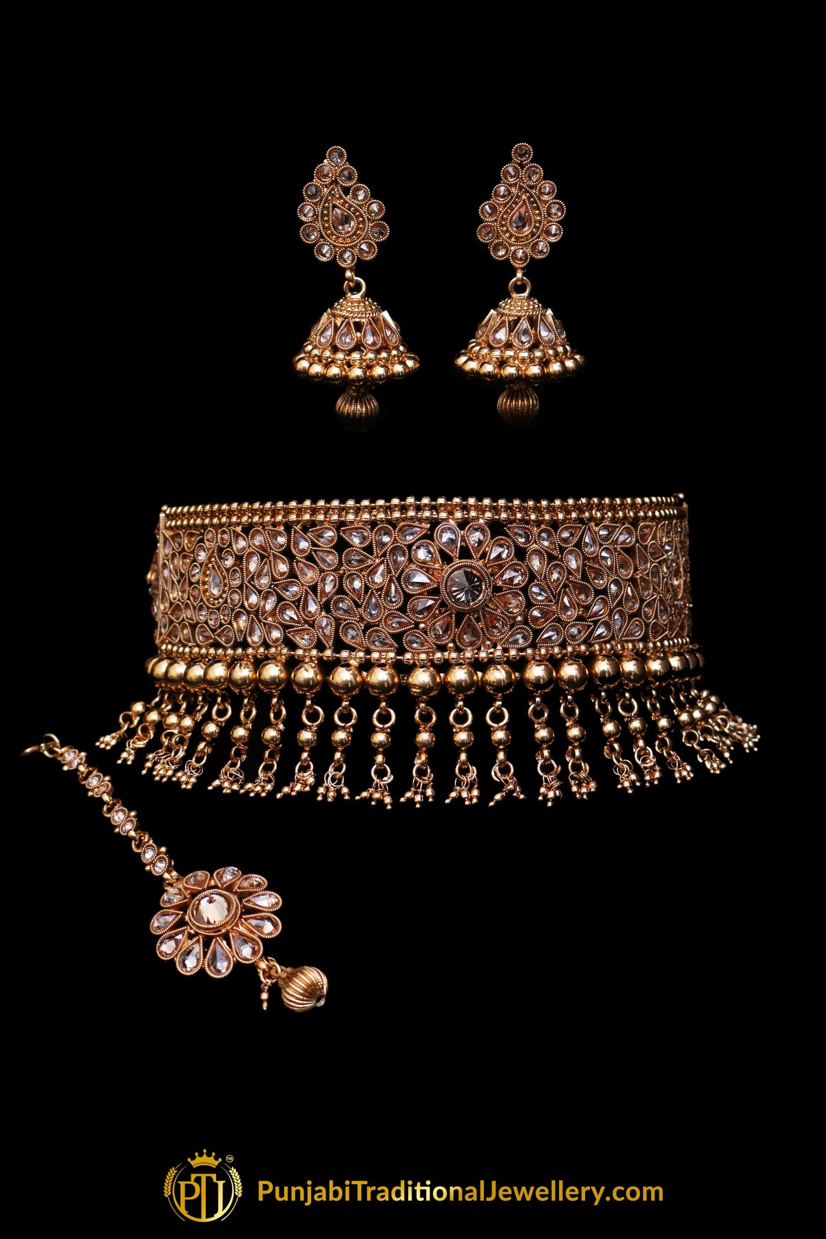 Champagne Stone Pearl Choker Necklace Set By Punjabi Traditional Jewellery