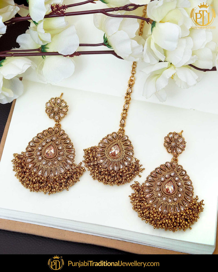 Antique Gold Finished Chamapgne Stone Earring Tikka Set | Punjabi Traditional Jewellery Exclusive
