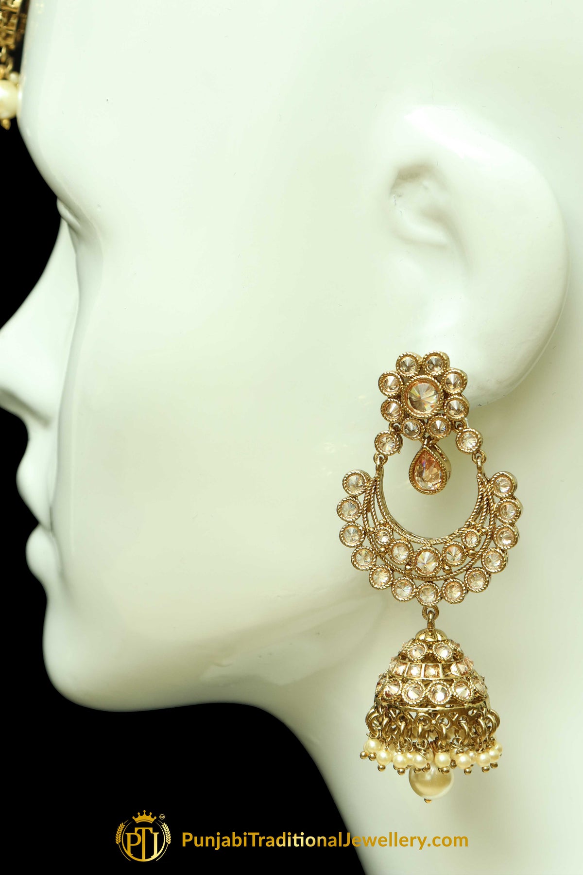 Gold Finished Champagne Stone Earring Tikka Set By Punjabi Traditional Jewellery